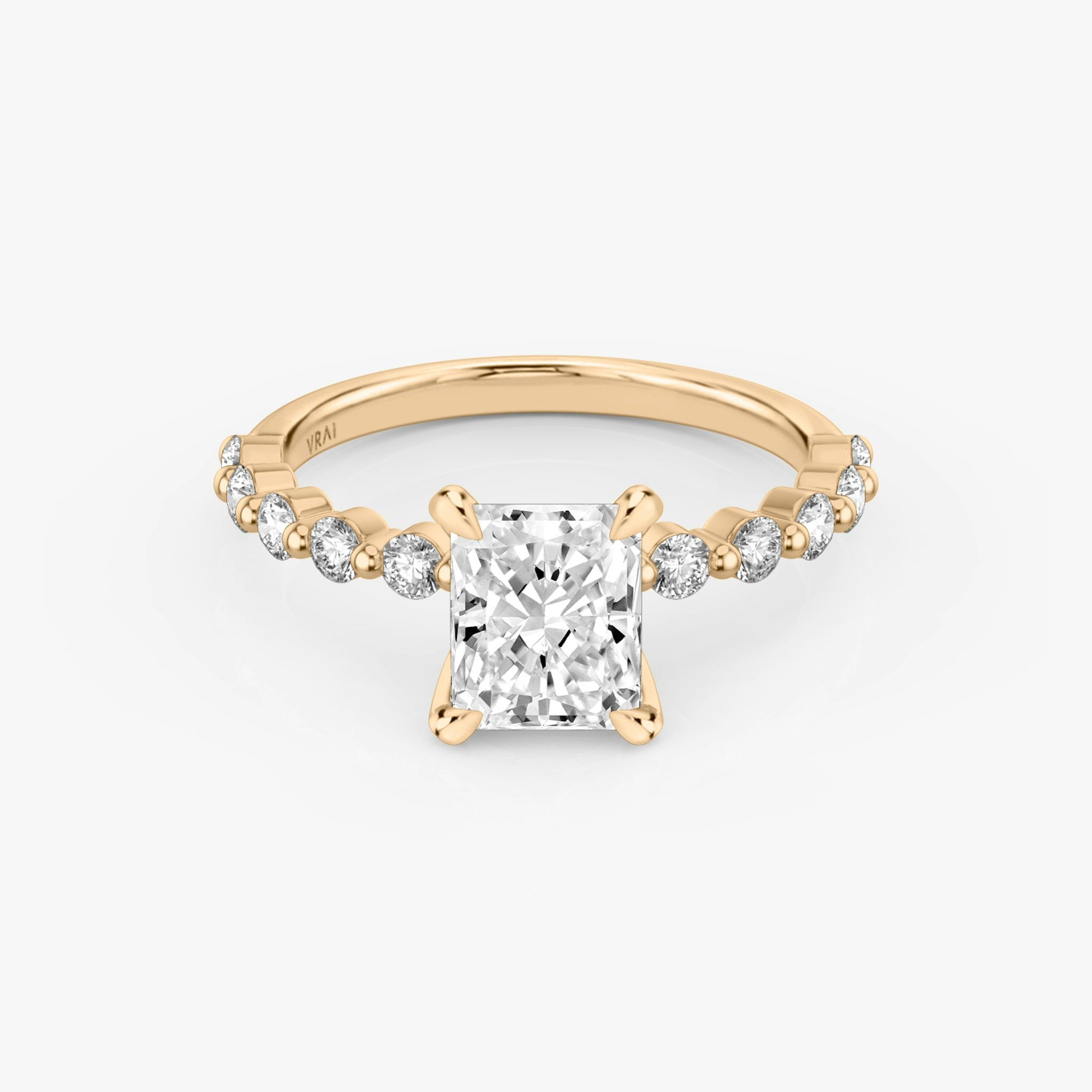 The Single Shared Prong | Radiant | 14k | Rose Gold | bandAccent: Plain | bandStoneStyle: large | diamondOrientation: vertical | caratWeight: other