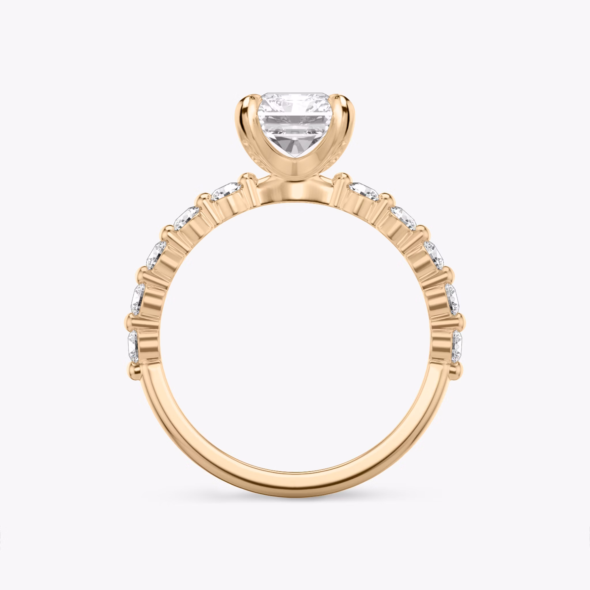 The Single Shared Prong | Radiant | 14k | Rose Gold | bandAccent: Plain | bandStoneStyle: large | diamondOrientation: vertical | caratWeight: other