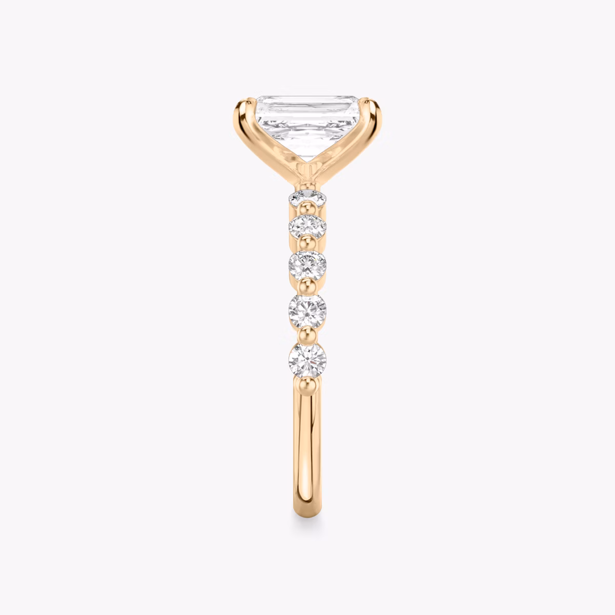 The Single Shared Prong | Radiant | 14k | Rose Gold | bandAccent: Plain | bandStoneStyle: large | diamondOrientation: vertical | caratWeight: other
