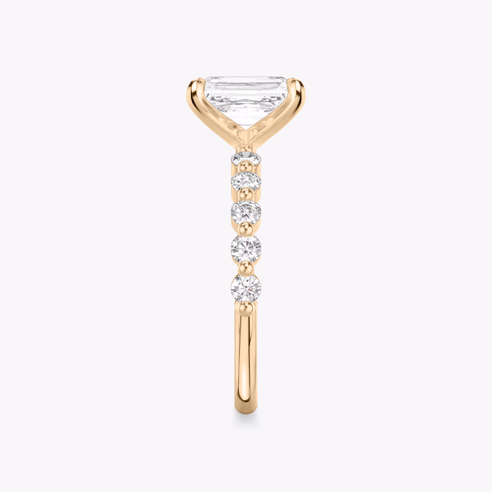 The Single Shared Prong | Radiant | 14k | Rose Gold | bandAccent: Plain | bandStoneStyle: large | diamondOrientation: vertical | caratWeight: other
