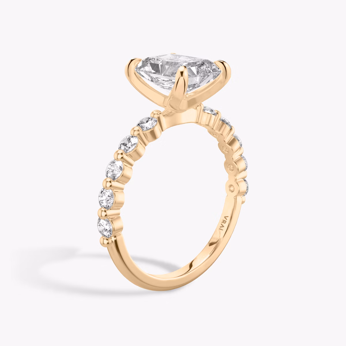 The Single Shared Prong | Radiant | 14k | Rose Gold | bandAccent: Plain | bandStoneStyle: large | diamondOrientation: vertical | caratWeight: other