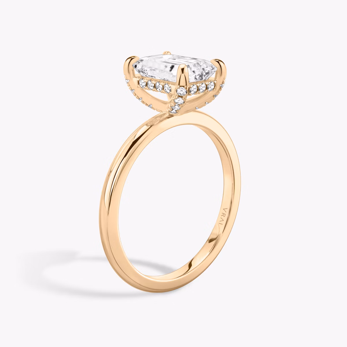 The Classic Hidden Halo | Emerald | 14k | Rose Gold | bandAccent: Plain | bandWidth: standard | prongStyle: Pavé | diamondOrientation: vertical | caratWeight: other