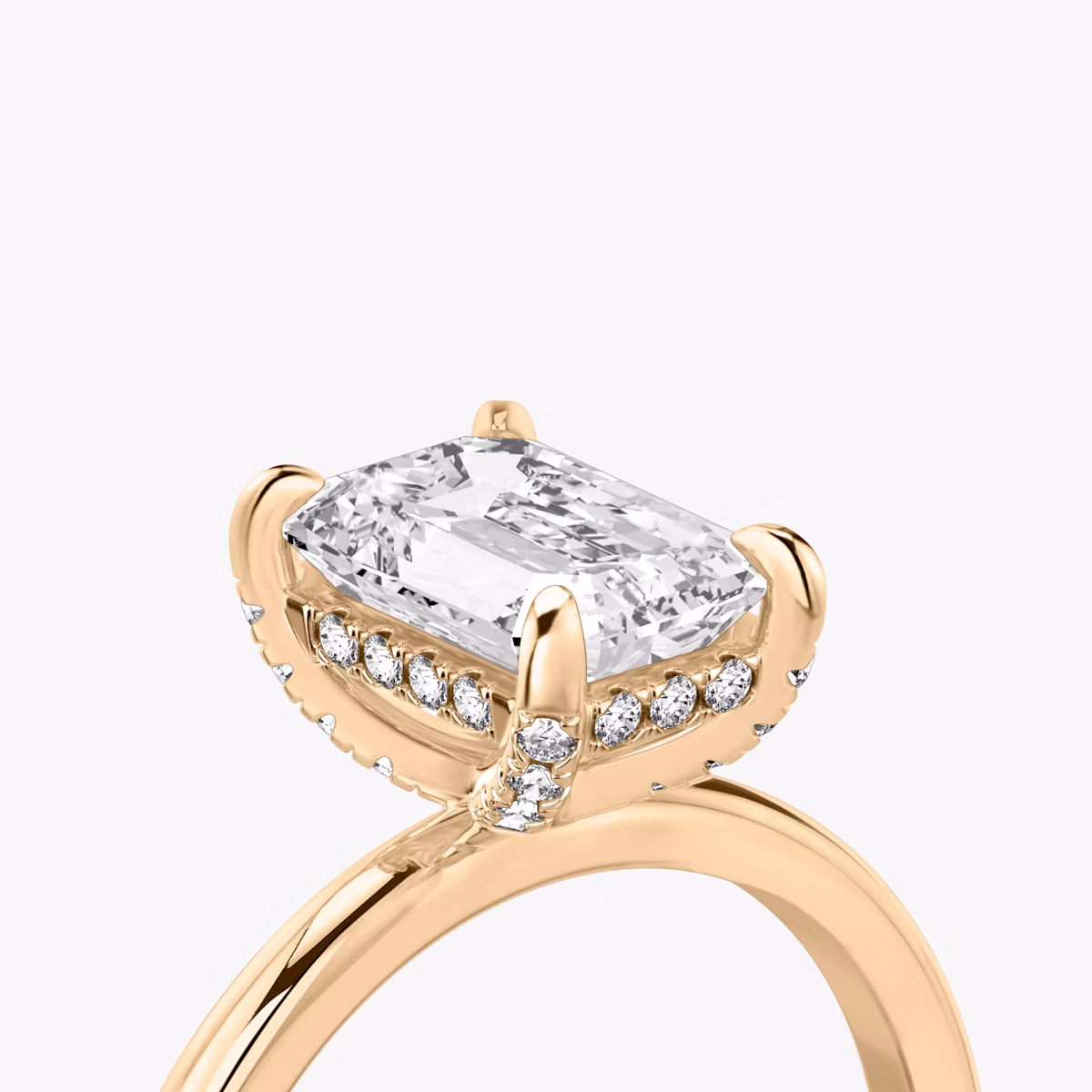 The Classic Hidden Halo | Emerald | 14k | Rose Gold | bandAccent: Plain | bandWidth: standard | prongStyle: Pavé | diamondOrientation: vertical | caratWeight: other
