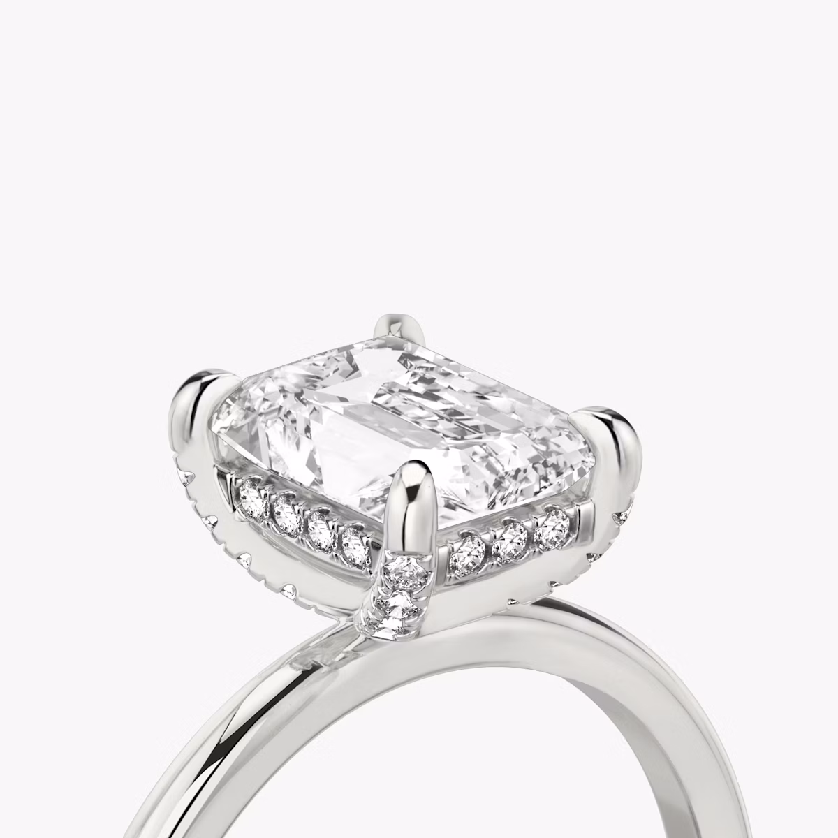 The Classic Hidden Halo | Radiant | 18k | White Gold | bandAccent: Plain | bandWidth: standard | prongStyle: Pavé | diamondOrientation: vertical | caratWeight: other