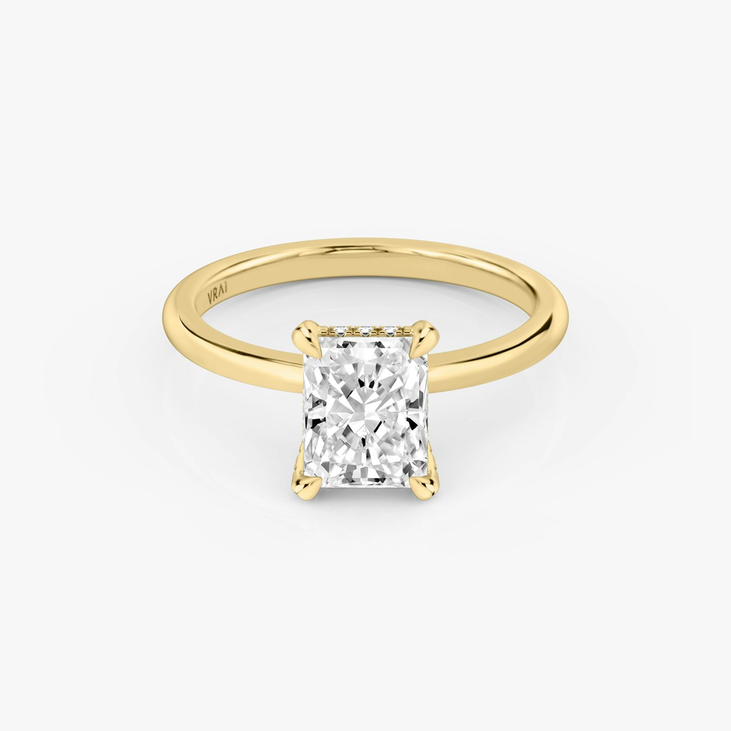 The Classic Hidden Halo | Radiant | 18k | Yellow Gold | bandAccent: Plain | bandWidth: standard | prongStyle: Pavé | diamondOrientation: vertical | caratWeight: other