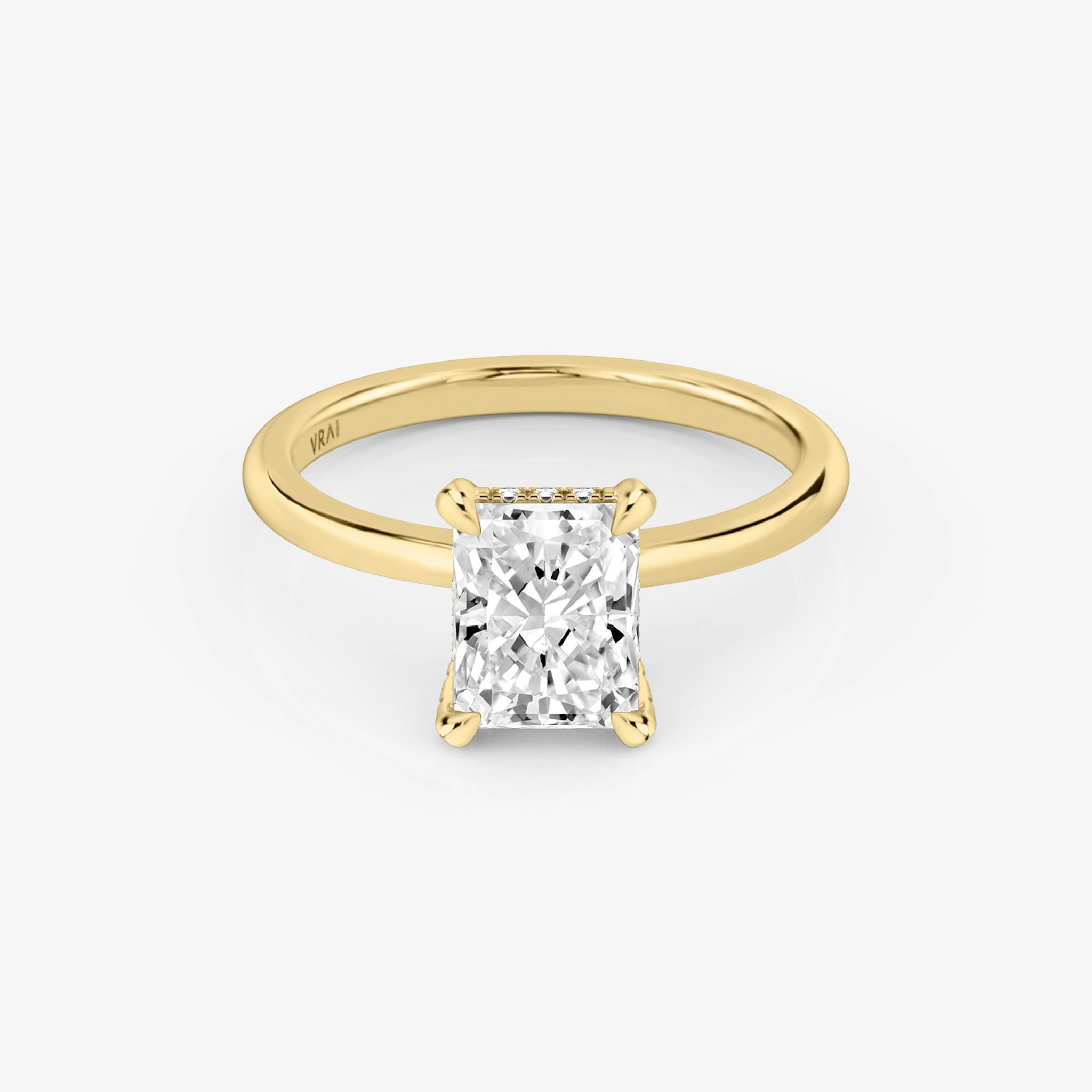 The Classic Hidden Halo | Radiant | 18k | Yellow Gold | bandAccent: Plain | bandWidth: standard | prongStyle: Pavé | diamondOrientation: vertical | caratWeight: other