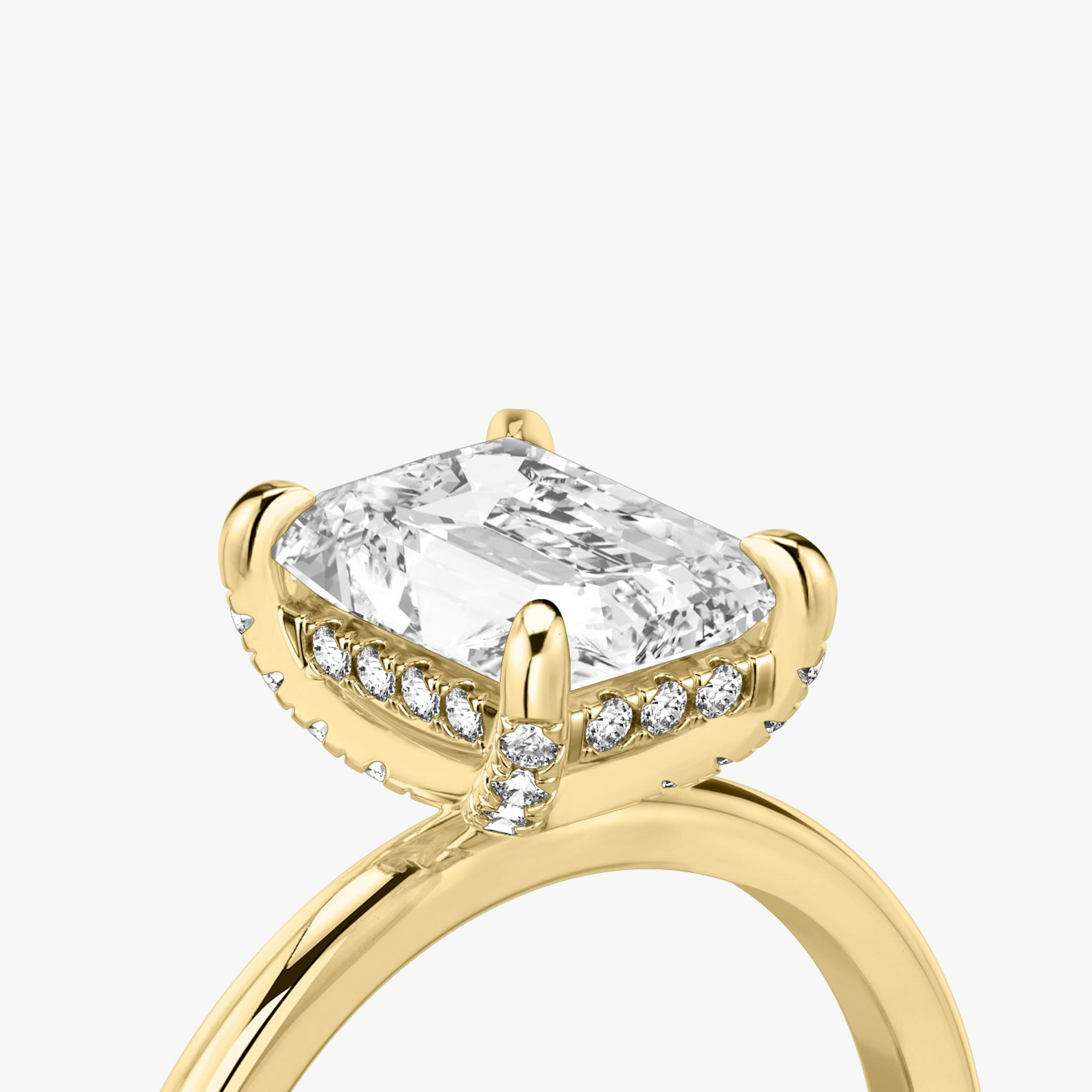 The Classic Hidden Halo | Radiant | 18k | Yellow Gold | bandAccent: Plain | bandWidth: standard | prongStyle: Pavé | diamondOrientation: vertical | caratWeight: other