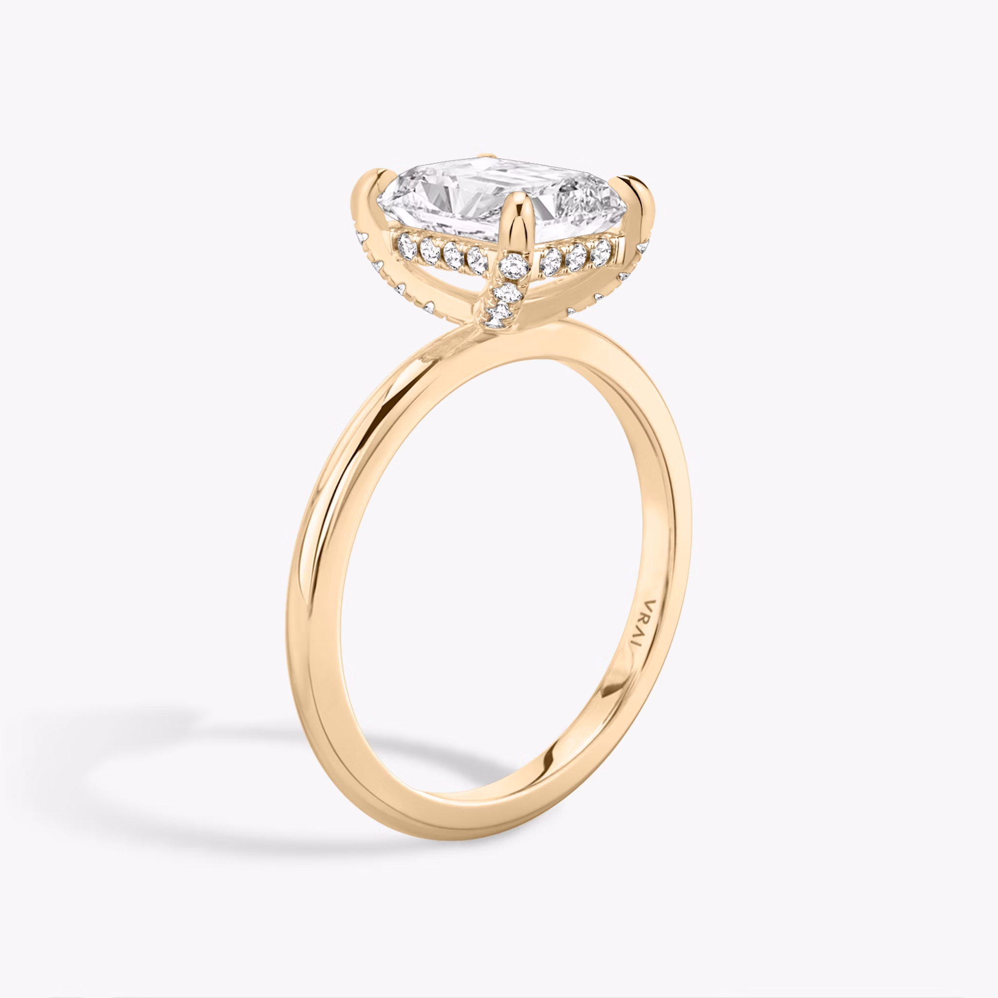 The Classic Hidden Halo | Radiant | 14k | Rose Gold | bandAccent: Plain | bandWidth: standard | prongStyle: Pavé | diamondOrientation: vertical | caratWeight: other