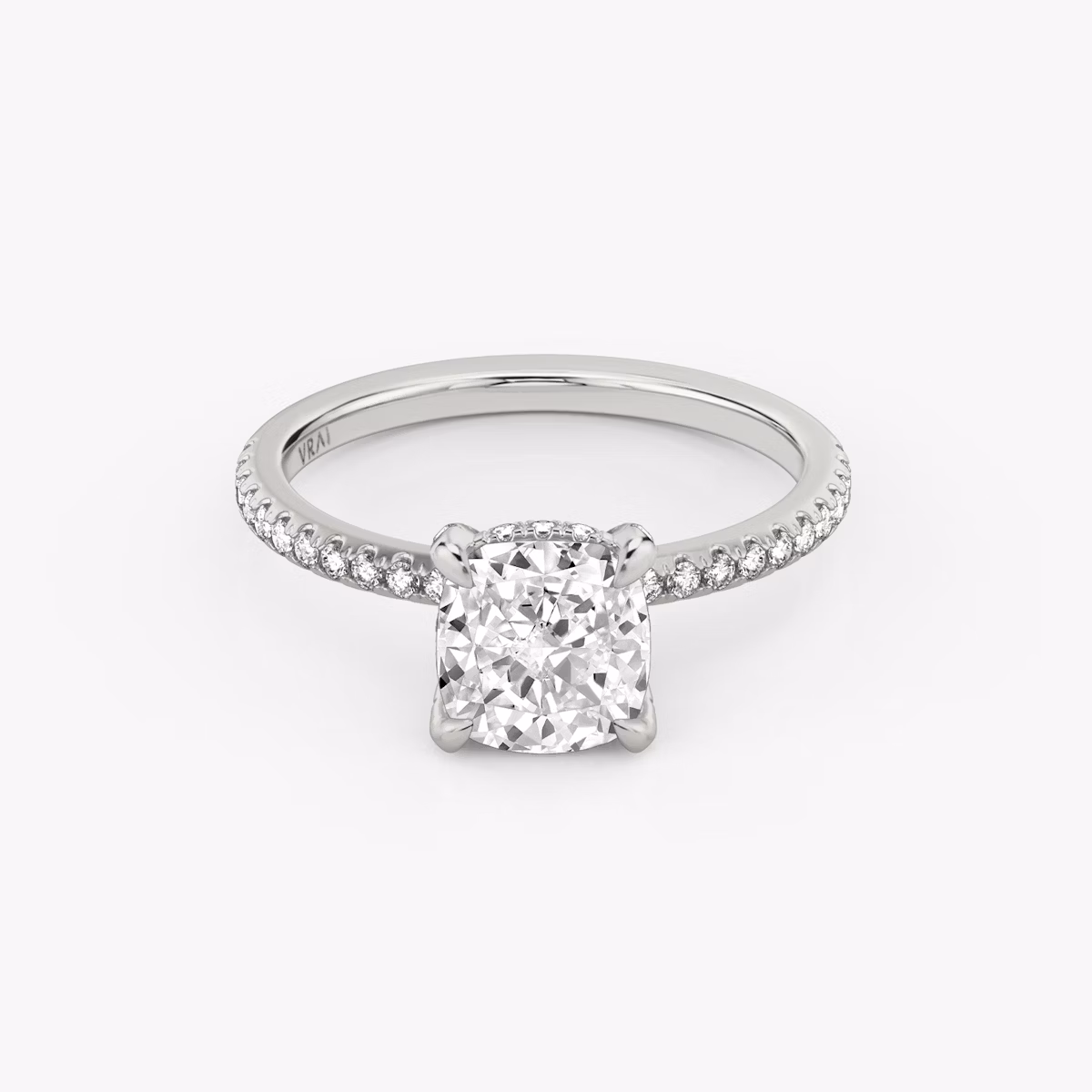 The Classic Hidden Halo | Cushion | Platinum | bandAccent: Pavé | bandWidth: standard | prongStyle: Pavé | diamondOrientation: vertical | caratWeight: other