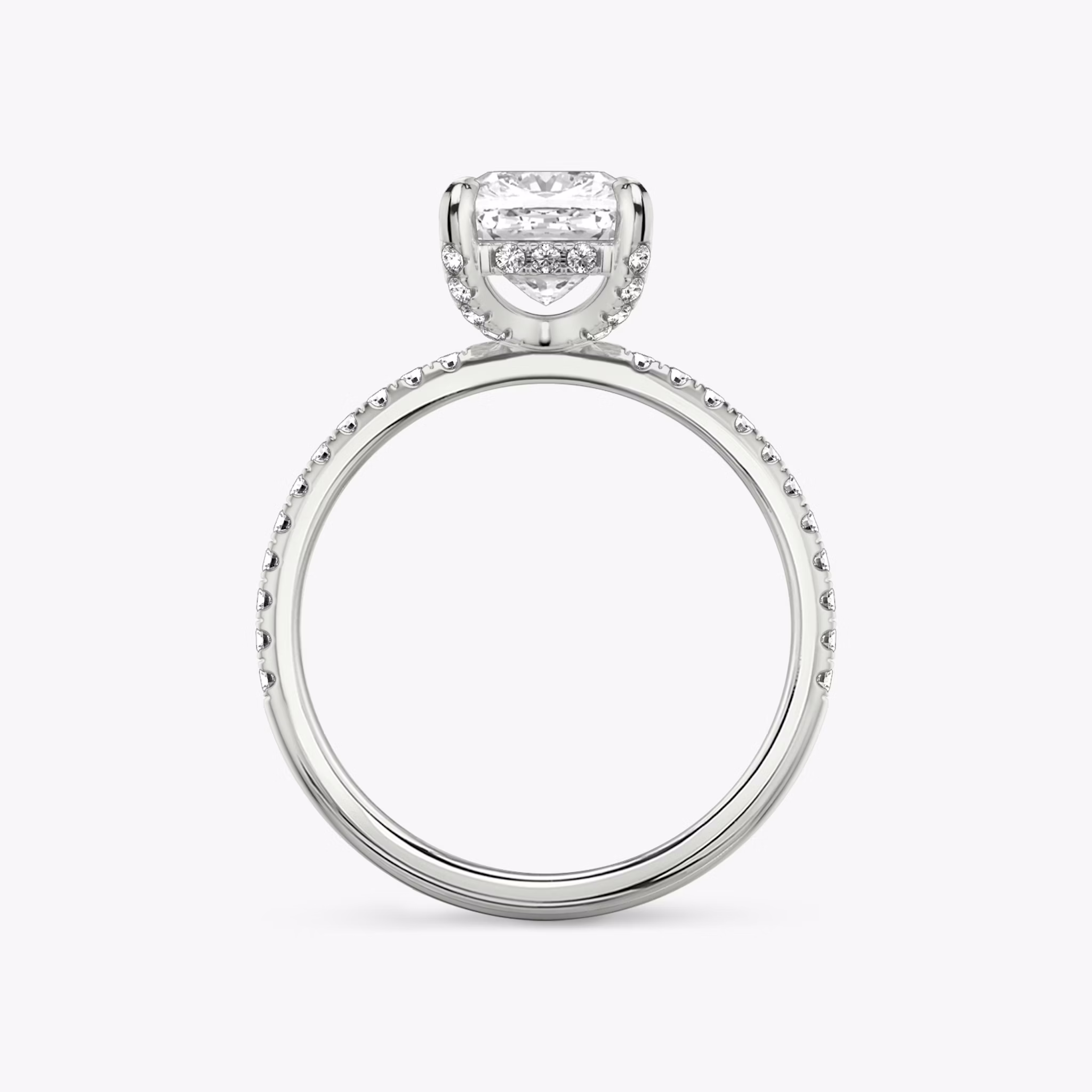 The Classic Hidden Halo | Cushion | 18k | White Gold | bandAccent: Pavé | bandWidth: standard | prongStyle: Pavé | diamondOrientation: vertical | caratWeight: other