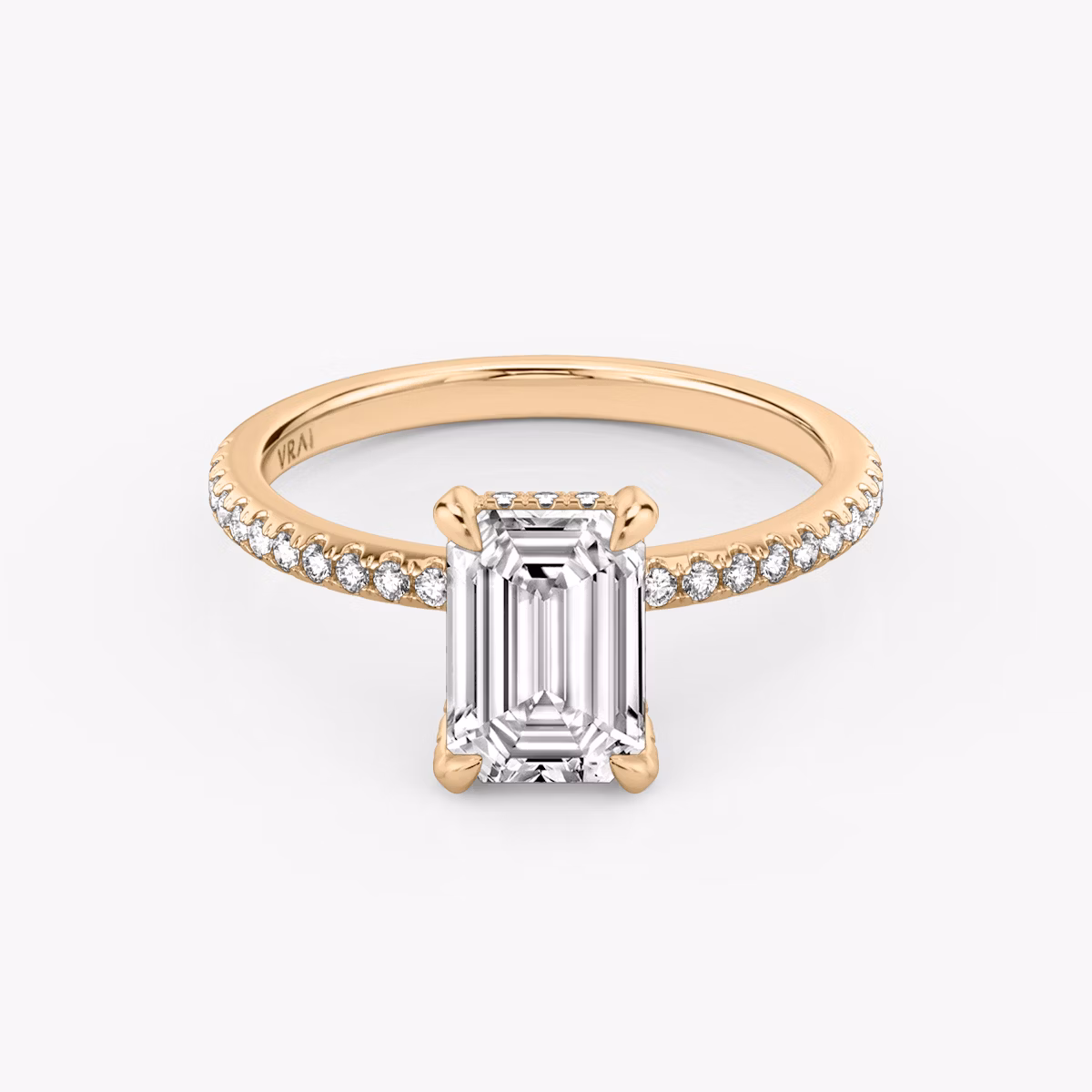 The Classic Hidden Halo | Emerald | 14k | Rose Gold | bandAccent: Pavé | bandWidth: standard | prongStyle: Pavé | diamondOrientation: vertical | caratWeight: other