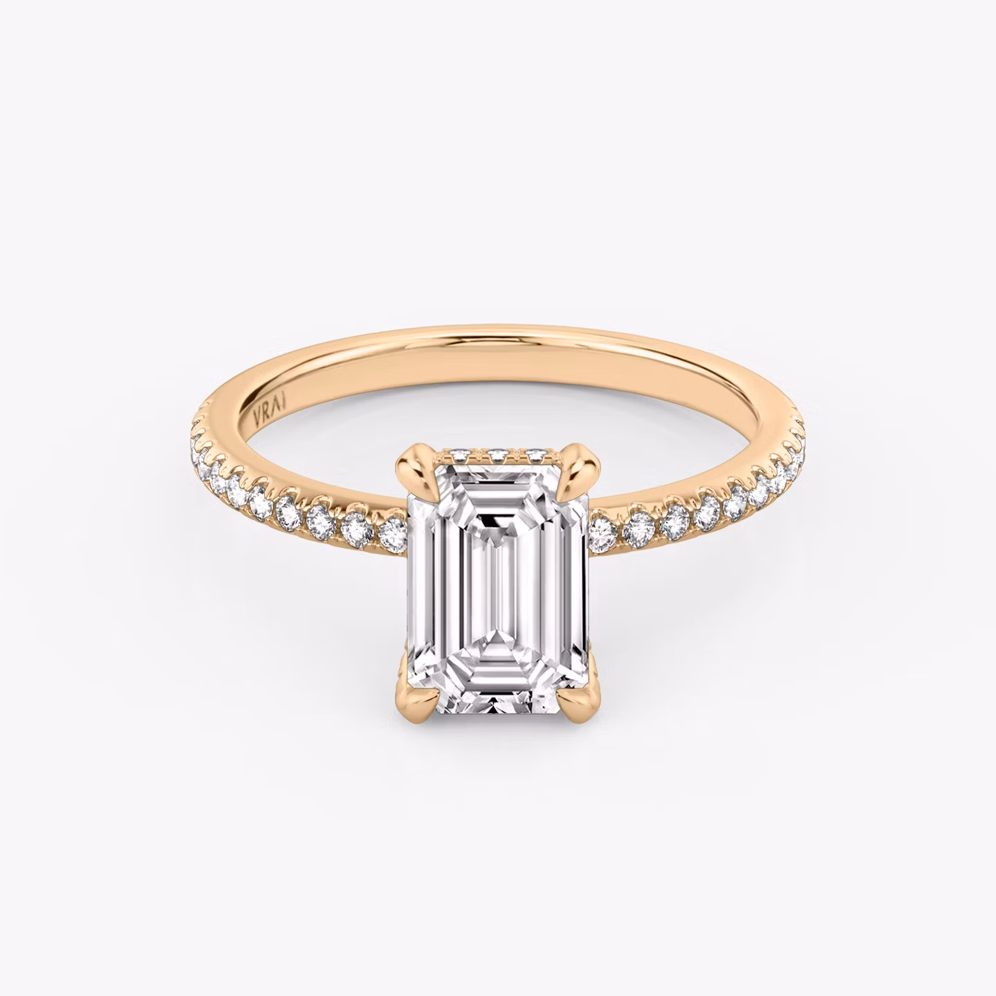 The Classic Hidden Halo | Emerald | 14k | Rose Gold | bandAccent: Pavé | bandWidth: standard | prongStyle: Pavé | diamondOrientation: vertical | caratWeight: other