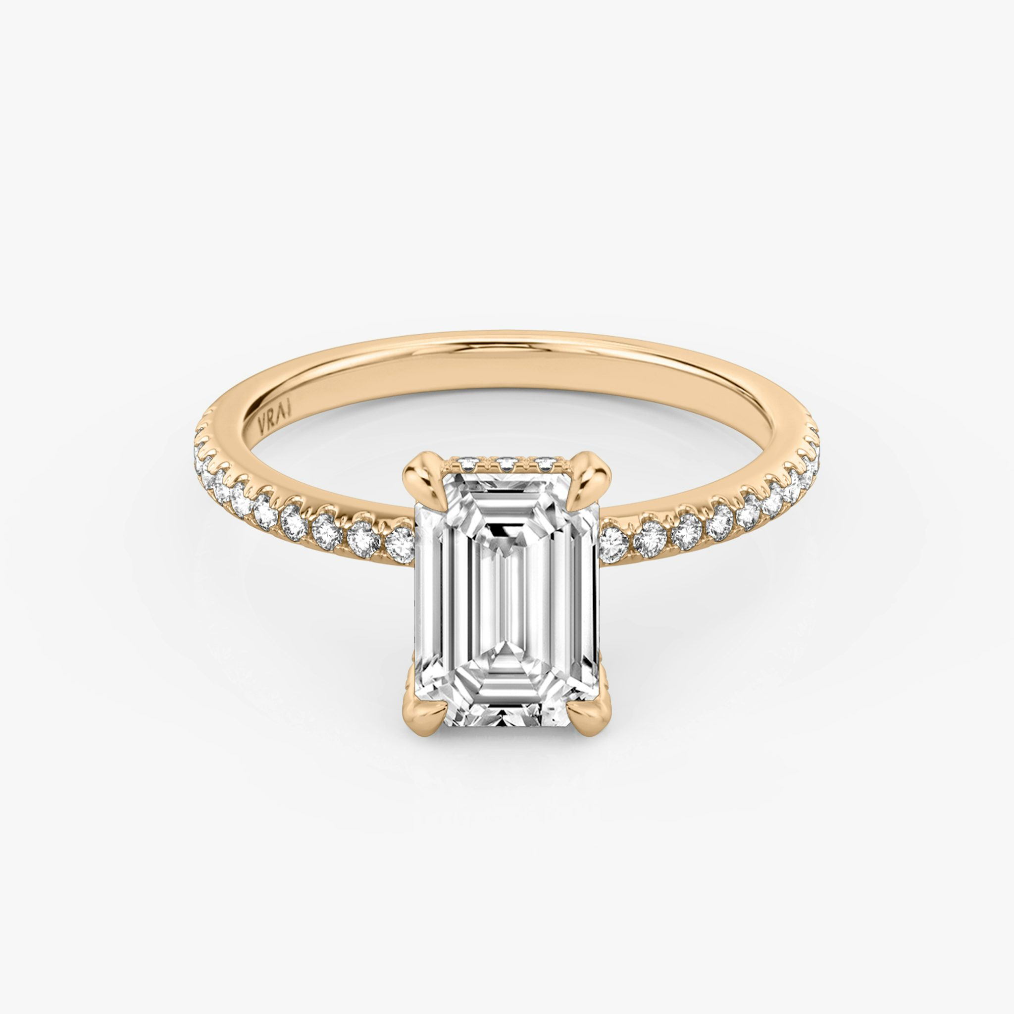 The Classic Hidden Halo | Emerald | 14k | Rose Gold | bandAccent: Pavé | bandWidth: standard | prongStyle: Pavé | diamondOrientation: vertical | caratWeight: other