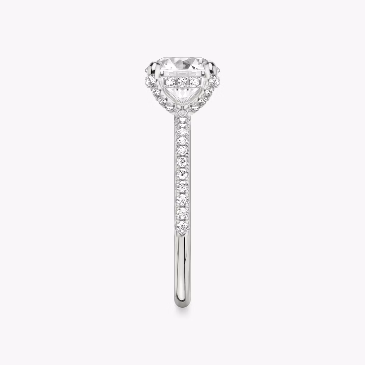 The Classic Hidden Halo | Round Brilliant | 18k | White Gold | bandAccent: Pavé | bandWidth: standard | caratWeight: 1.5ct | prongStyle: Pavé | diamondOrientation: vertical
