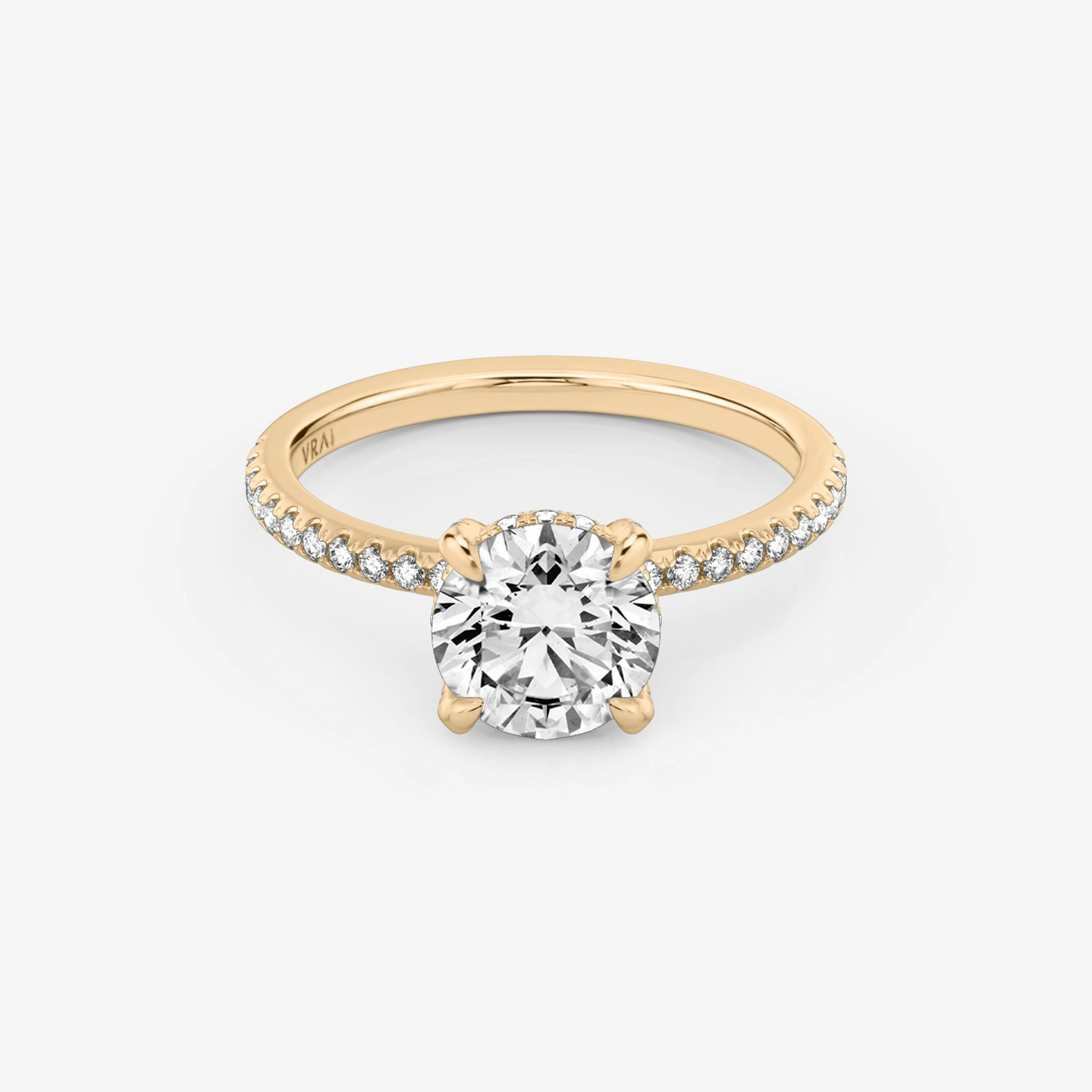 The Classic Hidden Halo | Round Brilliant | 14k | Rose Gold | bandAccent: Pavé | bandWidth: standard | caratWeight: 2.0ct | prongStyle: Pavé | diamondOrientation: vertical