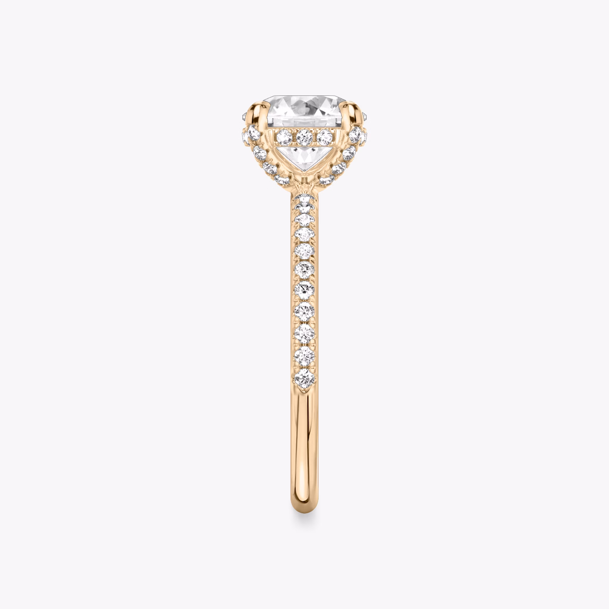 The Classic Hidden Halo | Round Brilliant | 14k | Rose Gold | bandAccent: Pavé | bandWidth: standard | caratWeight: 2.0ct | prongStyle: Pavé | diamondOrientation: vertical