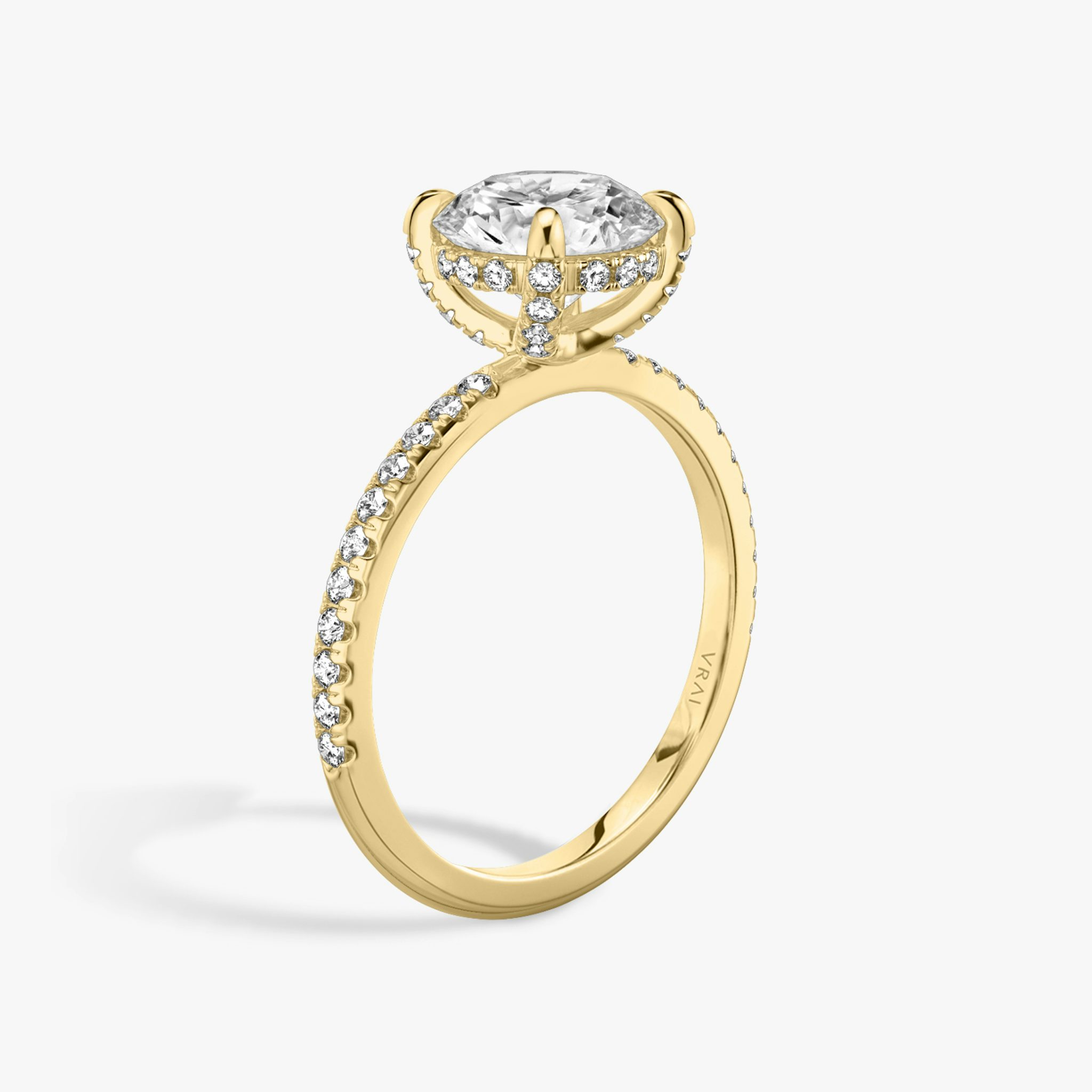 The Classic Hidden Halo | Round Brilliant | 18k | Yellow Gold | bandAccent: Pavé | bandWidth: standard | caratWeight: other | prongStyle: Pavé | diamondOrientation: vertical