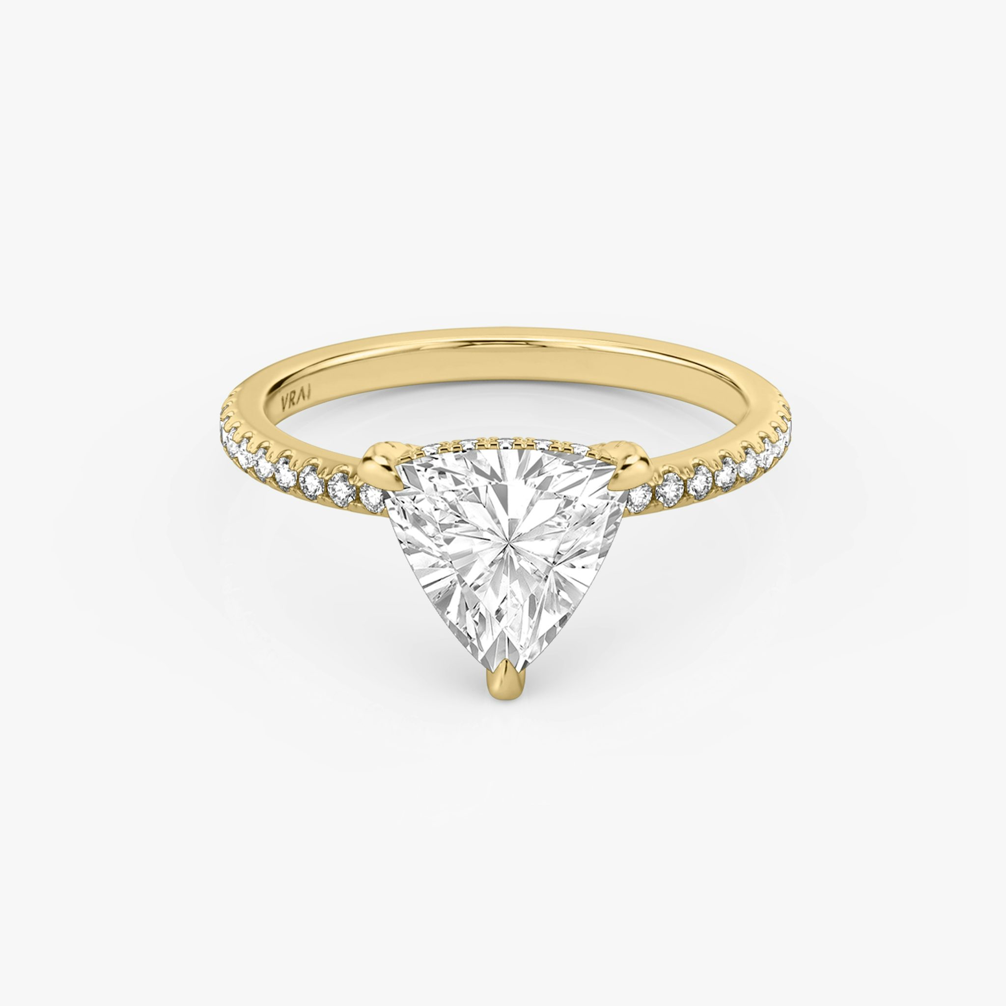 The Classic Hidden Halo | Trillion | 18k | Yellow Gold | bandAccent: Pavé | bandWidth: standard | prongStyle: Pavé | diamondOrientation: vertical | caratWeight: other