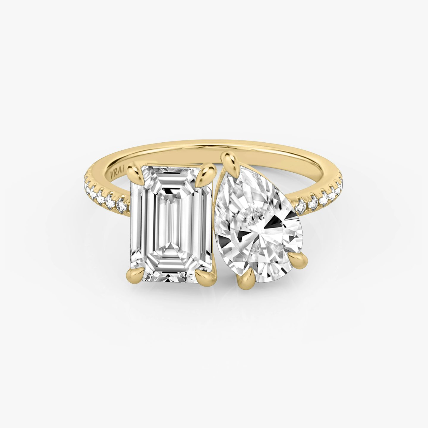 The Toi et Moi | Emerald and Pear | 18k | Yellow Gold | bandAccent: Pavé | diamondOrientation: vertical | caratWeight: other