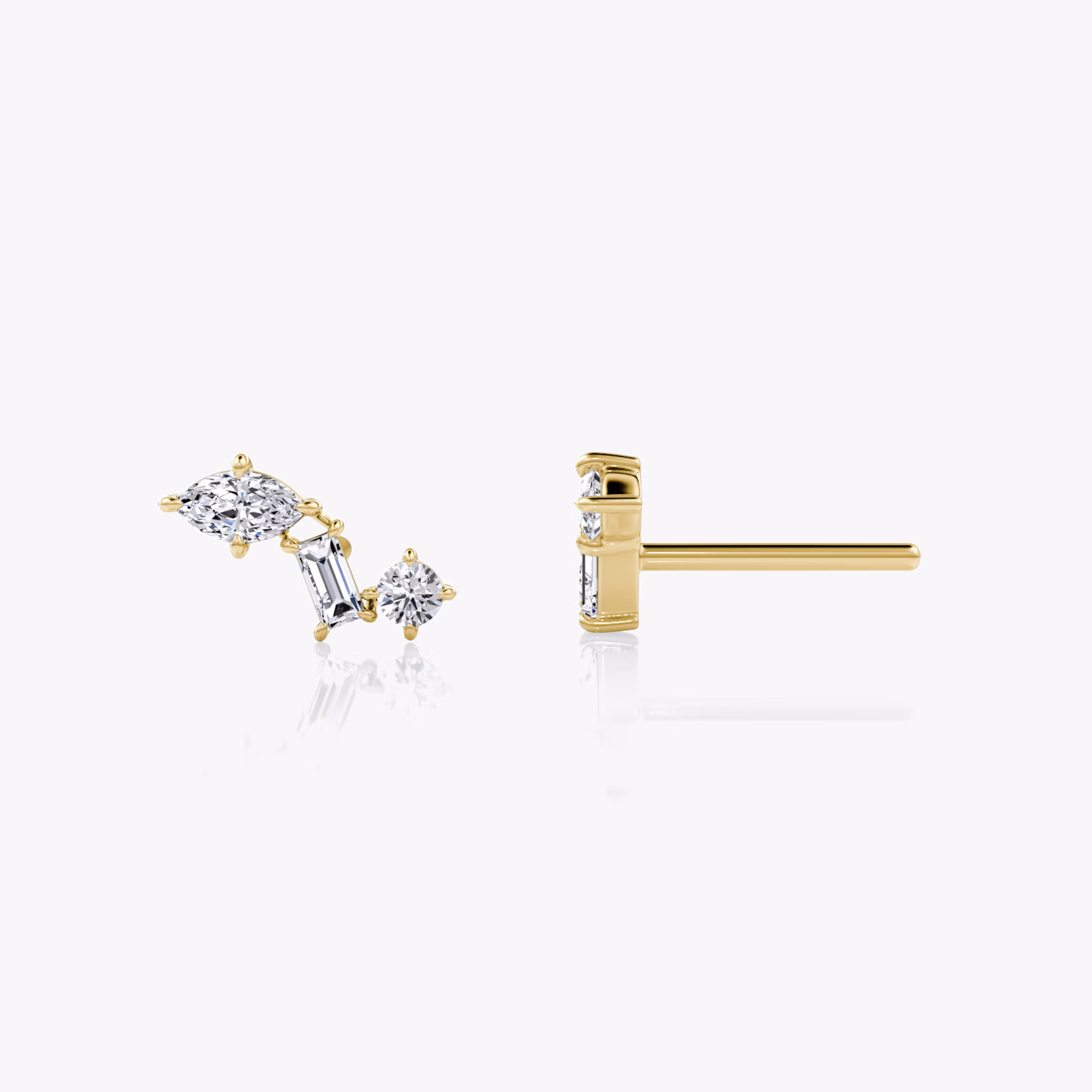 Orion Stud | Round Brilliant, Baguette and Marquise | 14k | Yellow Gold | side: left