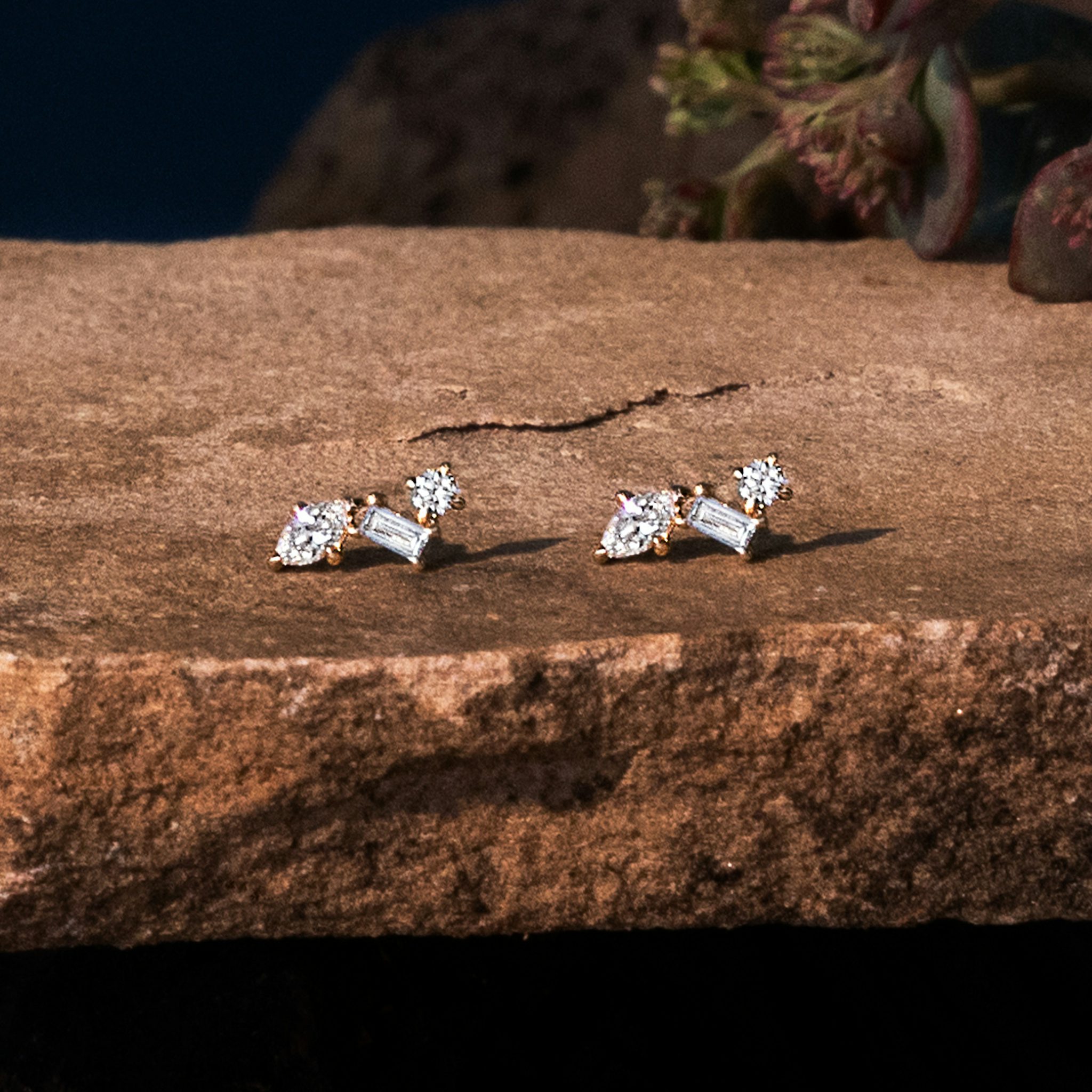 Orion Stud | Round Brilliant, Baguette and Marquise | 14k | Yellow Gold | side: left