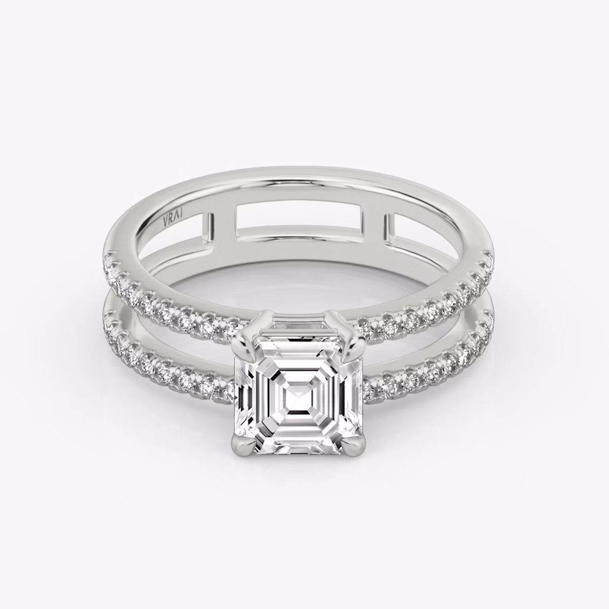 The Double Band | Asscher | 18k | White Gold | bandAccent: Pavé | bandStoneShape: Round Brilliant | diamondOrientation: vertical | caratWeight: other