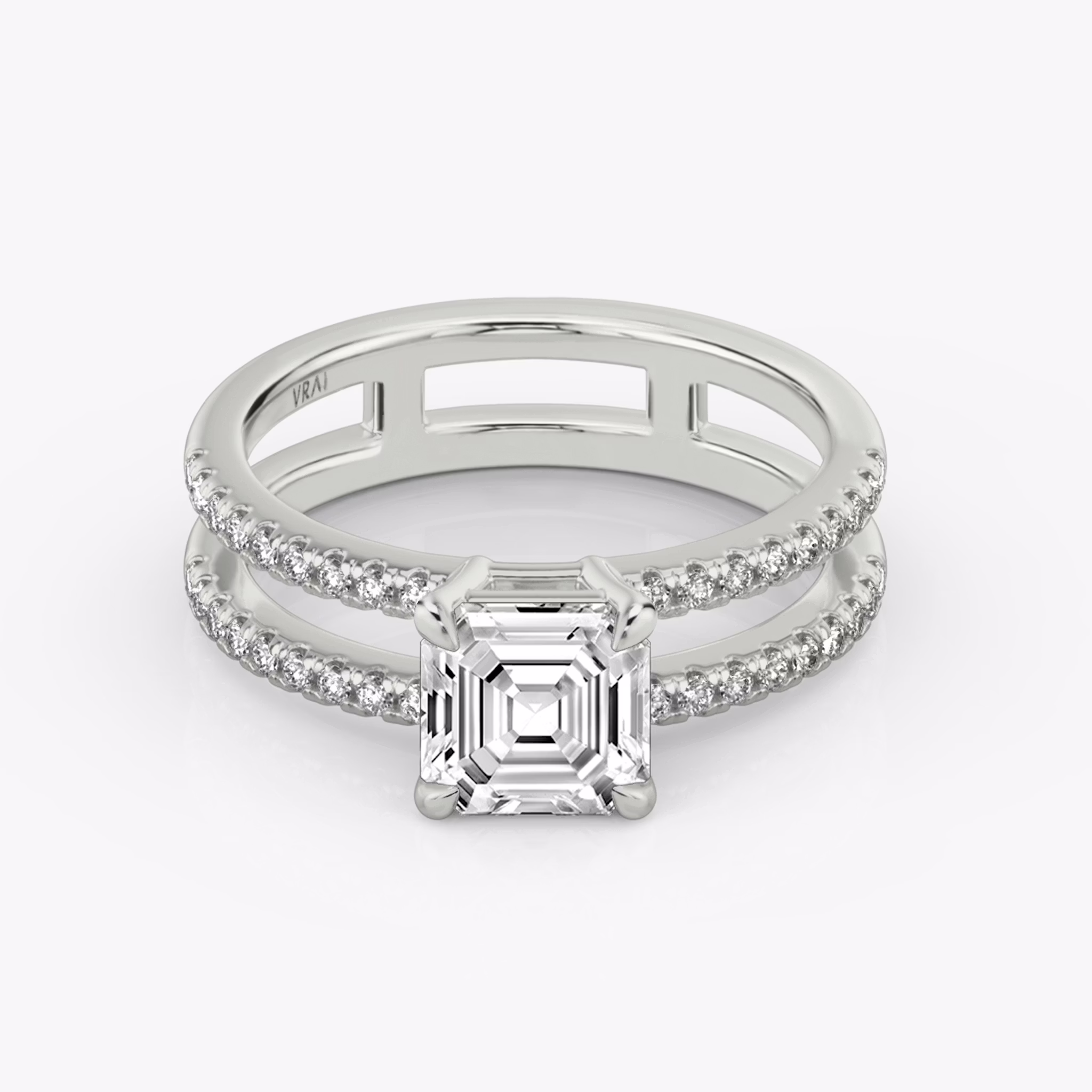 The Double Band | Asscher | Platinum | bandAccent: Pavé | bandStoneShape: Round Brilliant | diamondOrientation: vertical | caratWeight: other