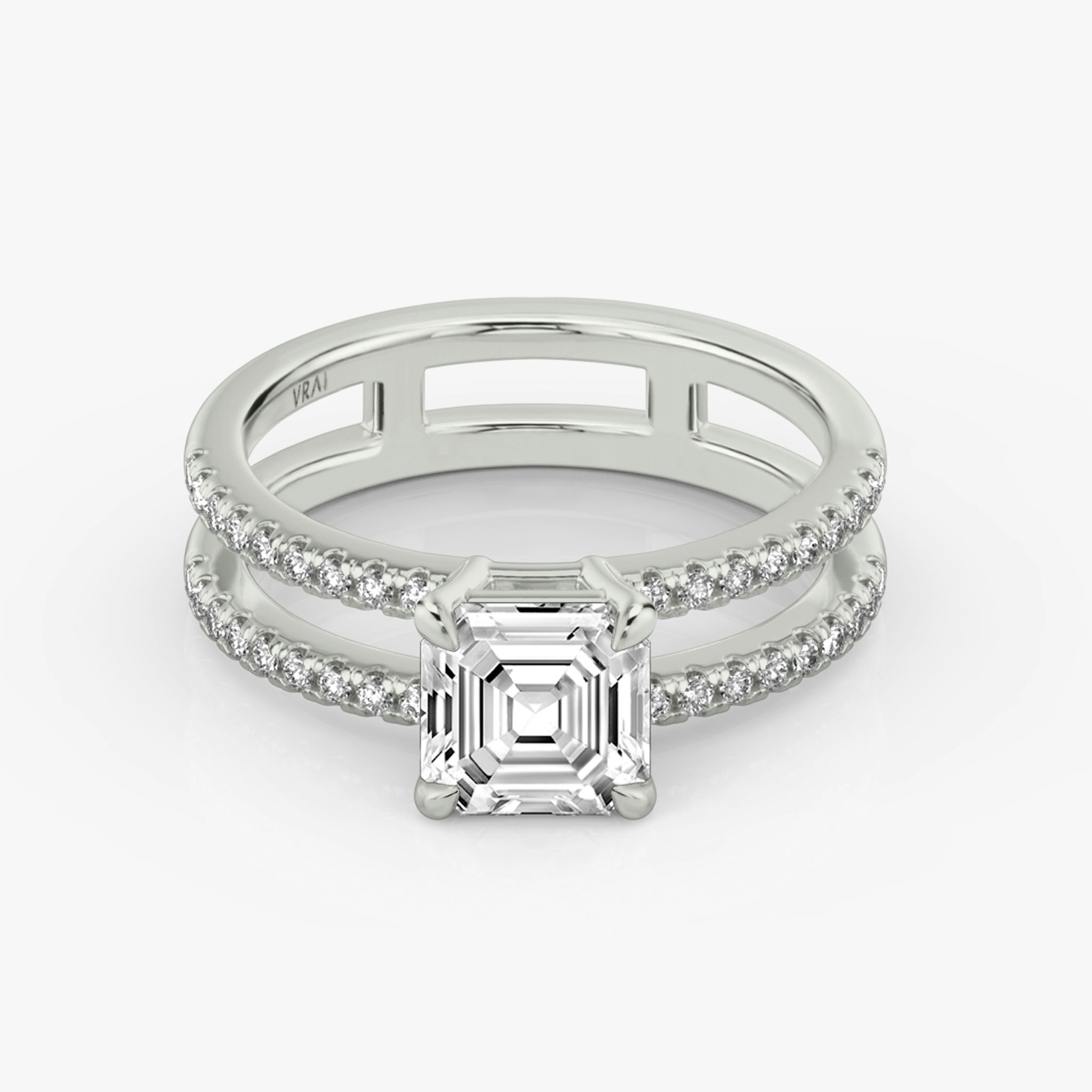 The Double Band | Asscher | Platinum | bandAccent: Pavé | bandStoneShape: Round Brilliant | diamondOrientation: vertical | caratWeight: other