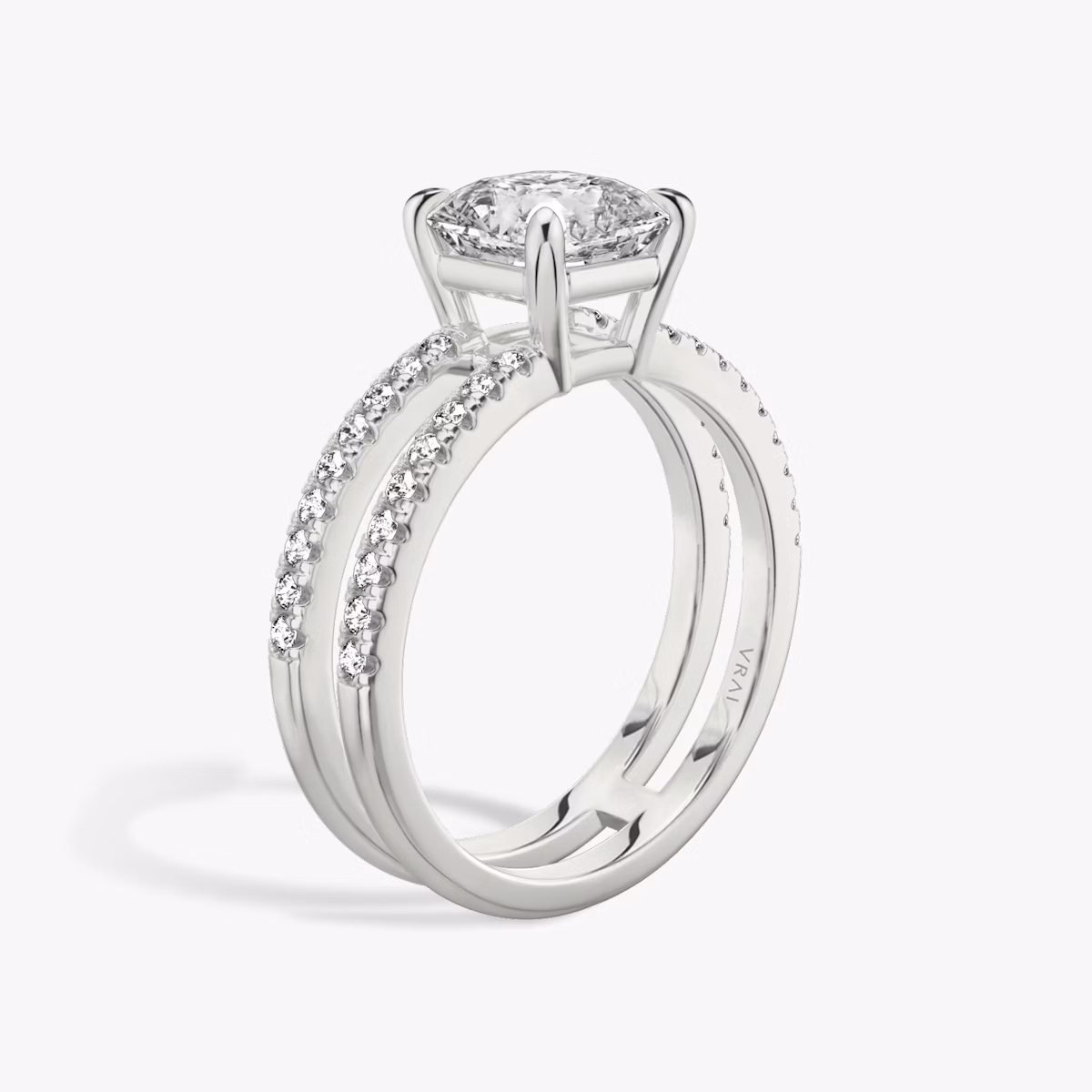 The Double Band | Asscher | 18k | White Gold | bandAccent: Pavé | bandStoneShape: Round Brilliant | diamondOrientation: vertical | caratWeight: other