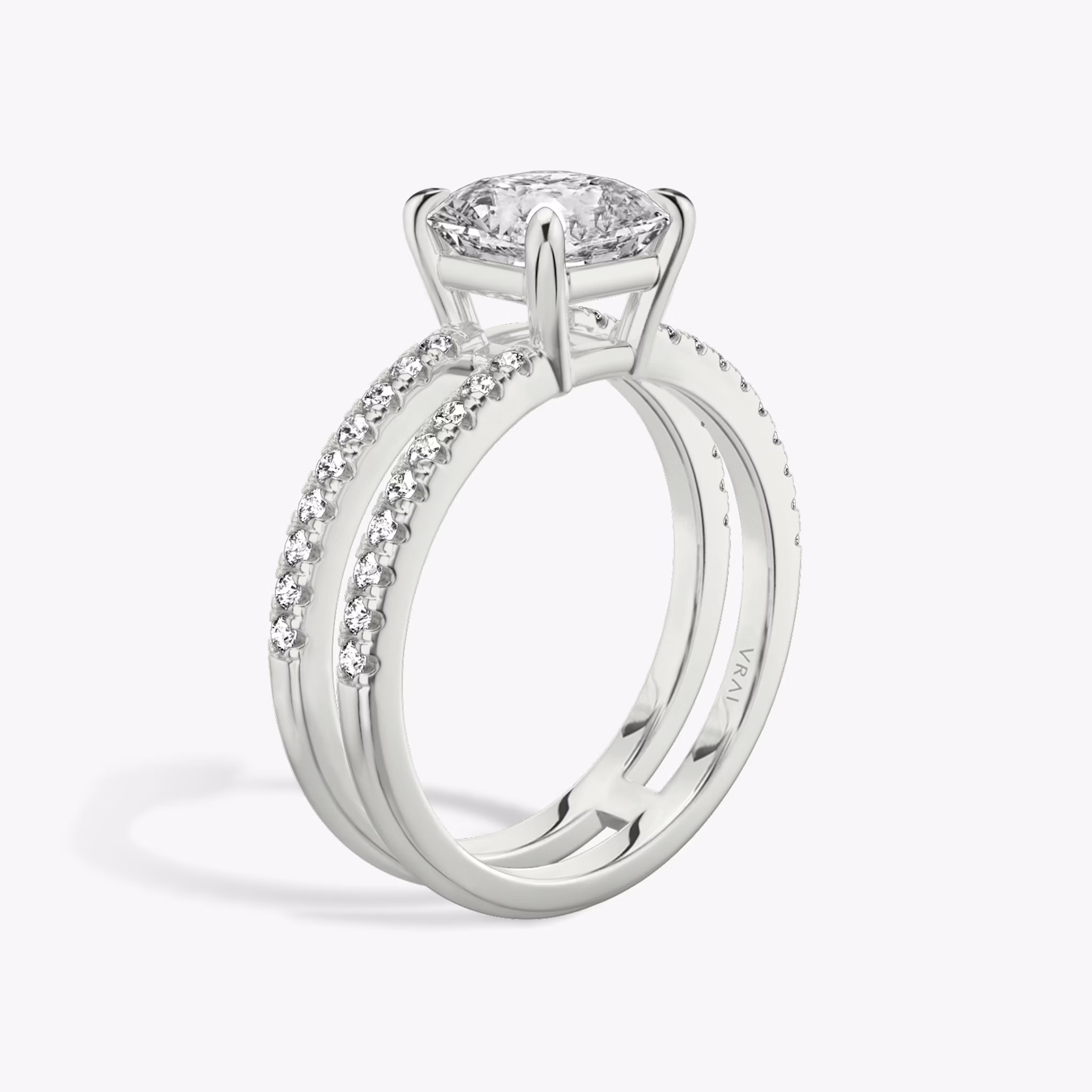 The Double Band | Asscher | Platinum | bandAccent: Pavé | bandStoneShape: Round Brilliant | diamondOrientation: vertical | caratWeight: other