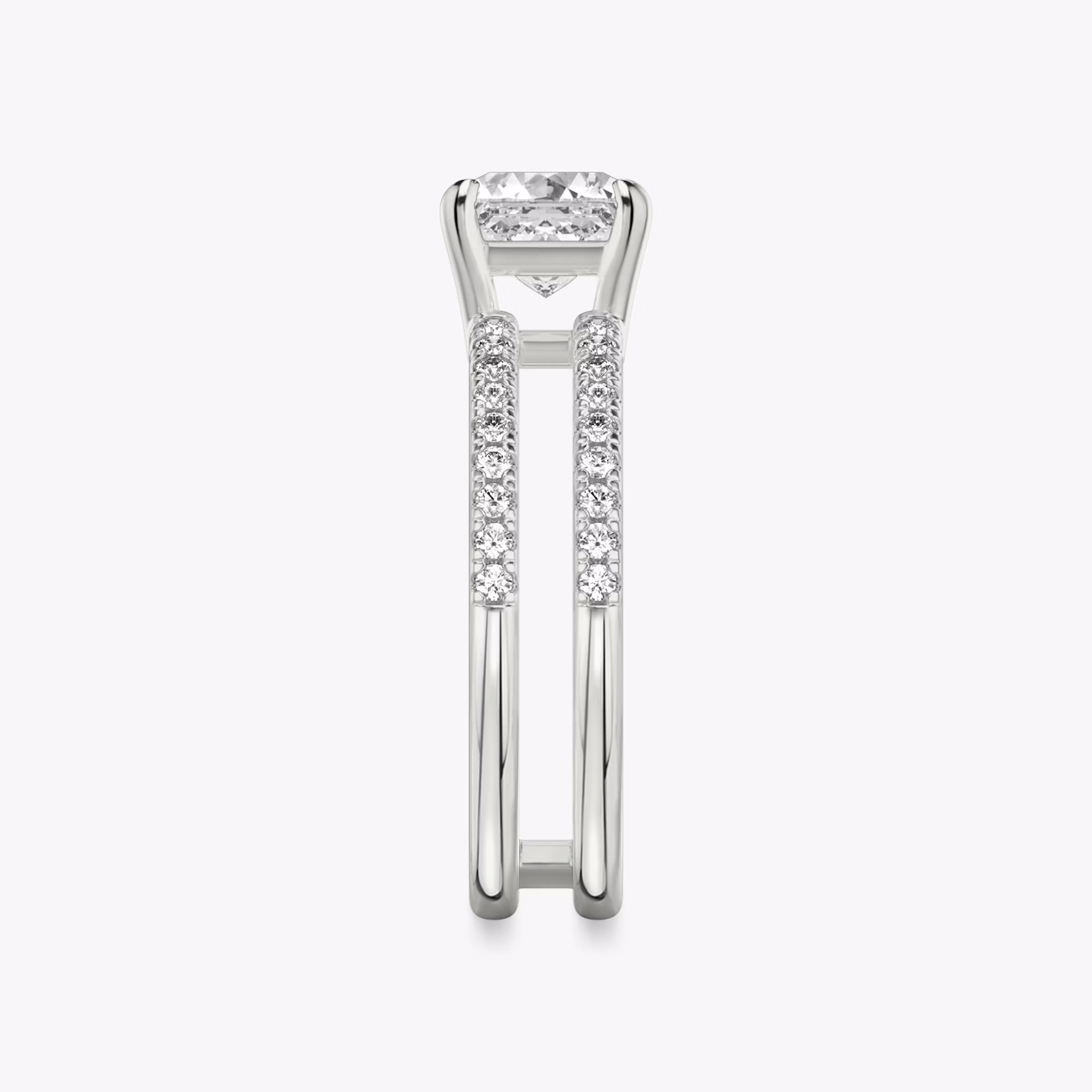 The Double Band | Asscher | Platinum | bandAccent: Pavé | bandStoneShape: Round Brilliant | diamondOrientation: vertical | caratWeight: other