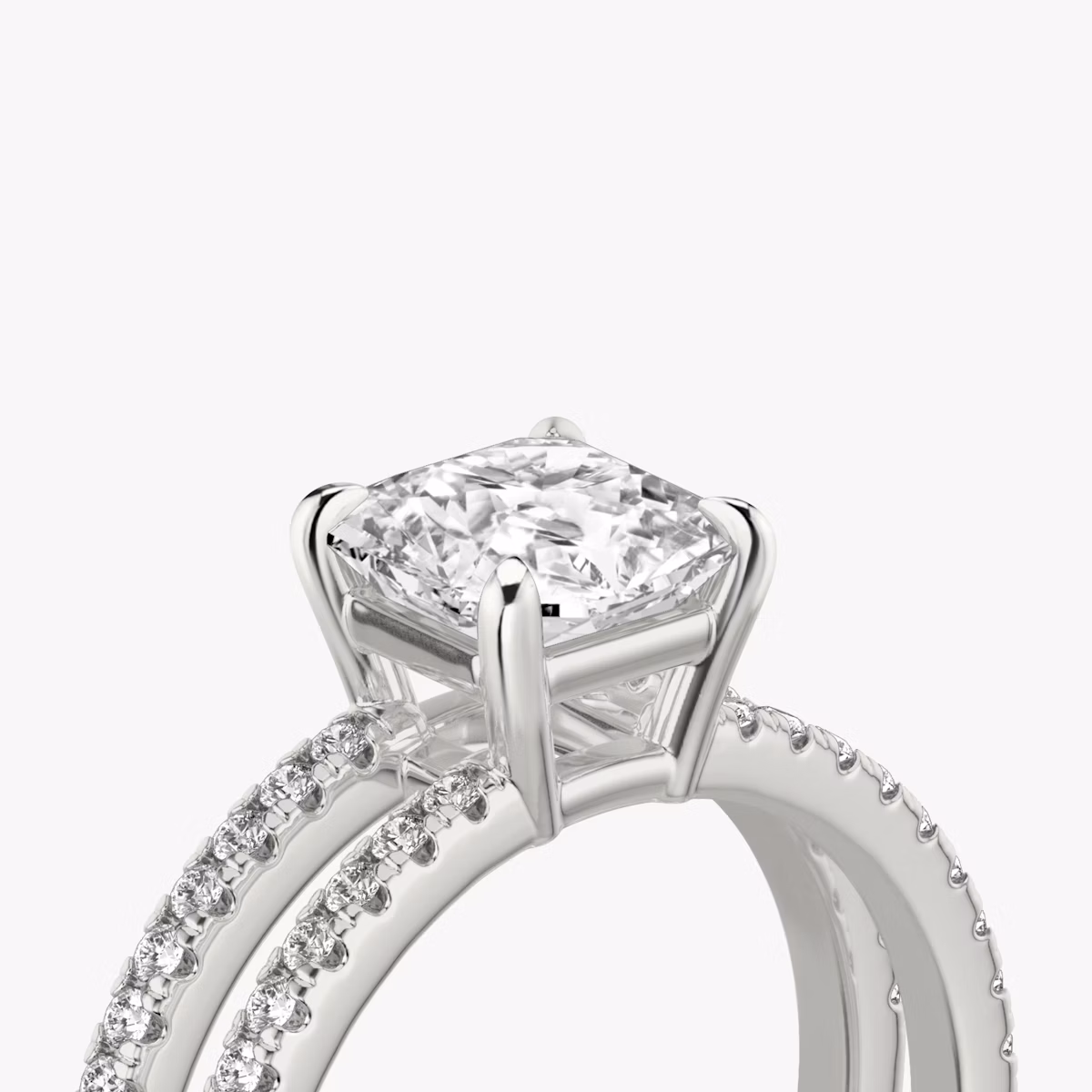 The Double Band | Asscher | 18k | White Gold | bandAccent: Pavé | bandStoneShape: Round Brilliant | diamondOrientation: vertical | caratWeight: other