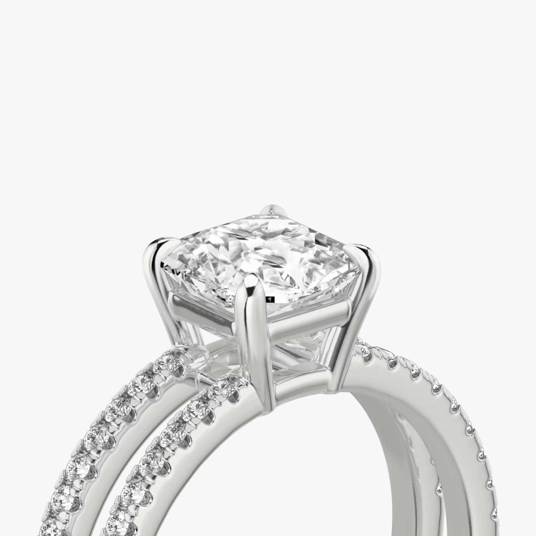 The Double Band | Asscher | Platinum | bandAccent: Pavé | bandStoneShape: Round Brilliant | diamondOrientation: vertical | caratWeight: other