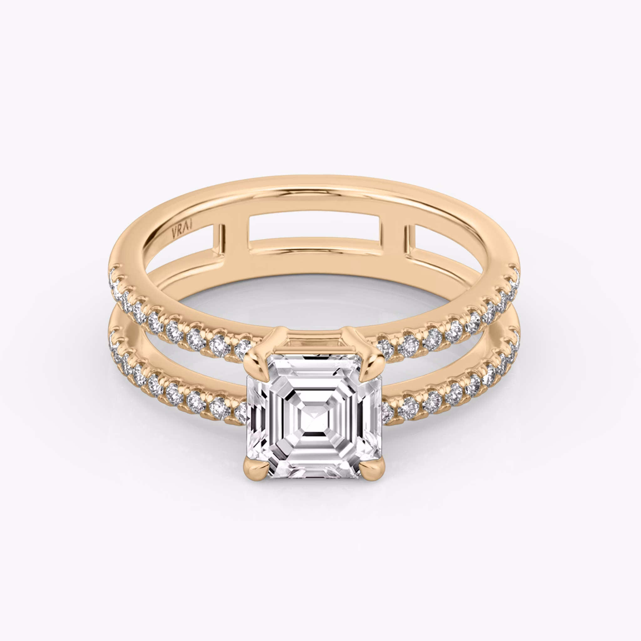 The Double Band | Asscher | 14k | Rose Gold | bandAccent: Pavé | bandStoneShape: Round Brilliant | diamondOrientation: vertical | caratWeight: other