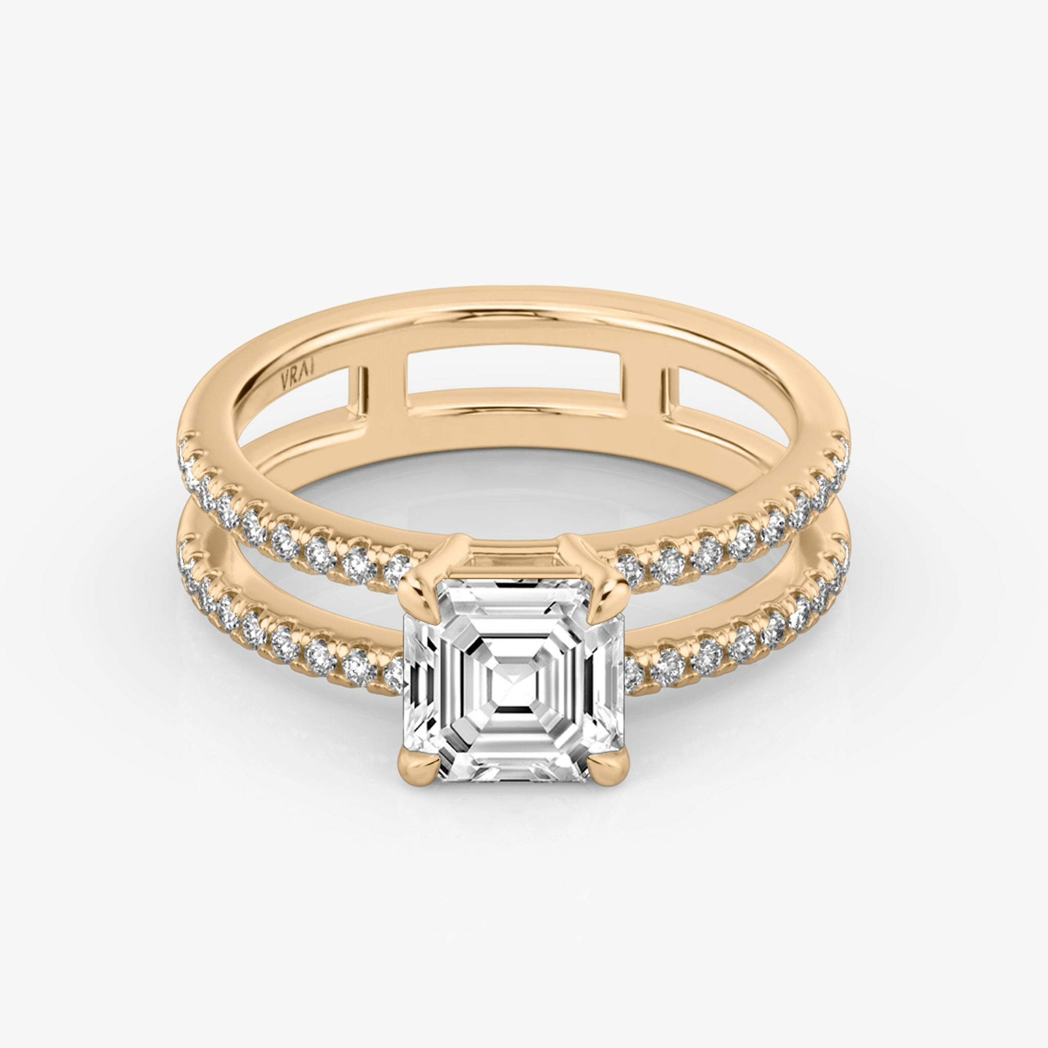 The Double Band | Asscher | 14k | Rose Gold | bandAccent: Pavé | bandStoneShape: Round Brilliant | diamondOrientation: vertical | caratWeight: other