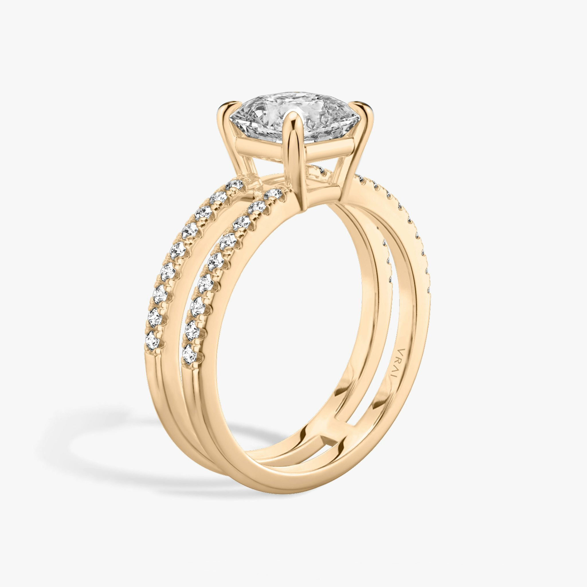 The Double Band | Asscher | 14k | Rose Gold | bandAccent: Pavé | bandStoneShape: Round Brilliant | diamondOrientation: vertical | caratWeight: other
