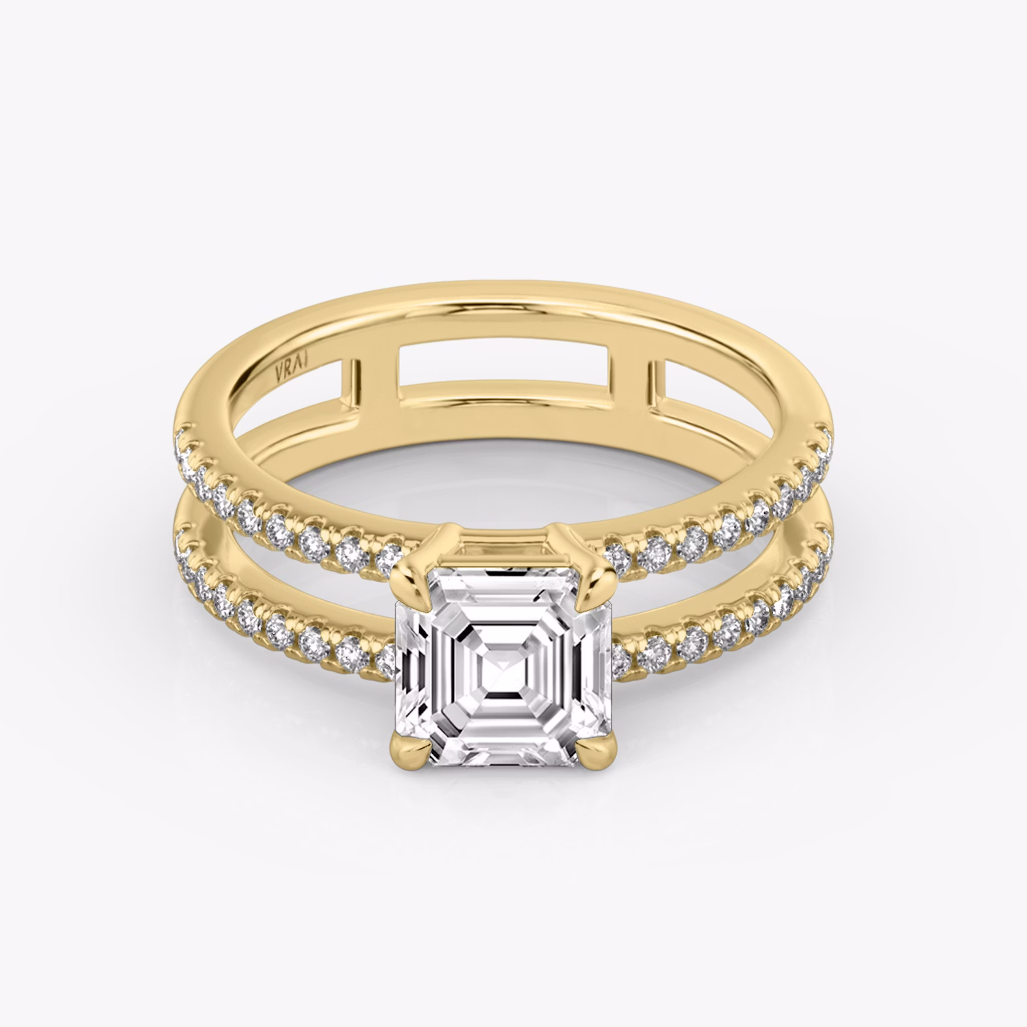 The Double Band | Asscher | 18k | Yellow Gold | bandAccent: Pavé | bandStoneShape: Round Brilliant | diamondOrientation: vertical | caratWeight: other