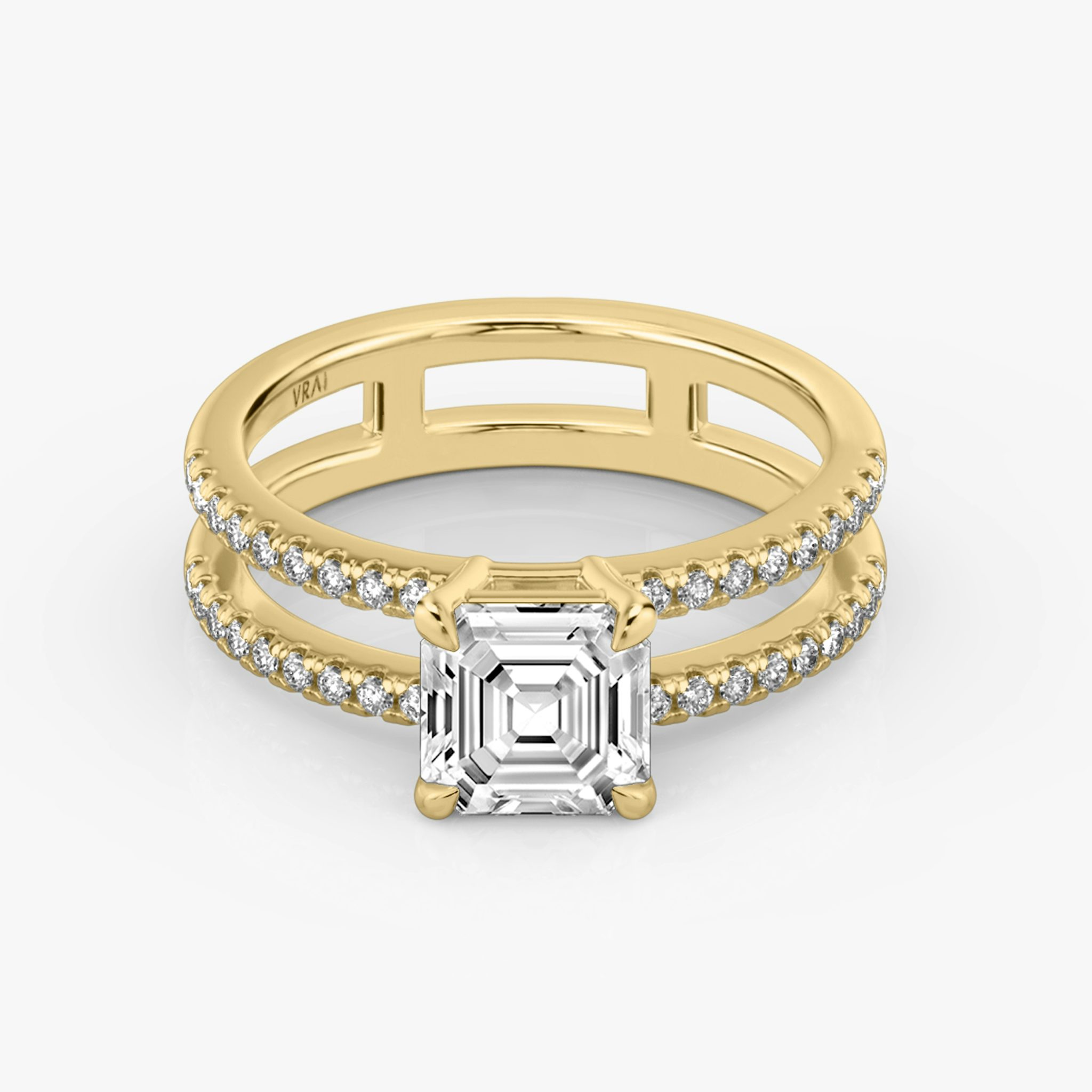 The Double Band | Asscher | 18k | Yellow Gold | bandAccent: Pavé | bandStoneShape: Round Brilliant | diamondOrientation: vertical | caratWeight: other