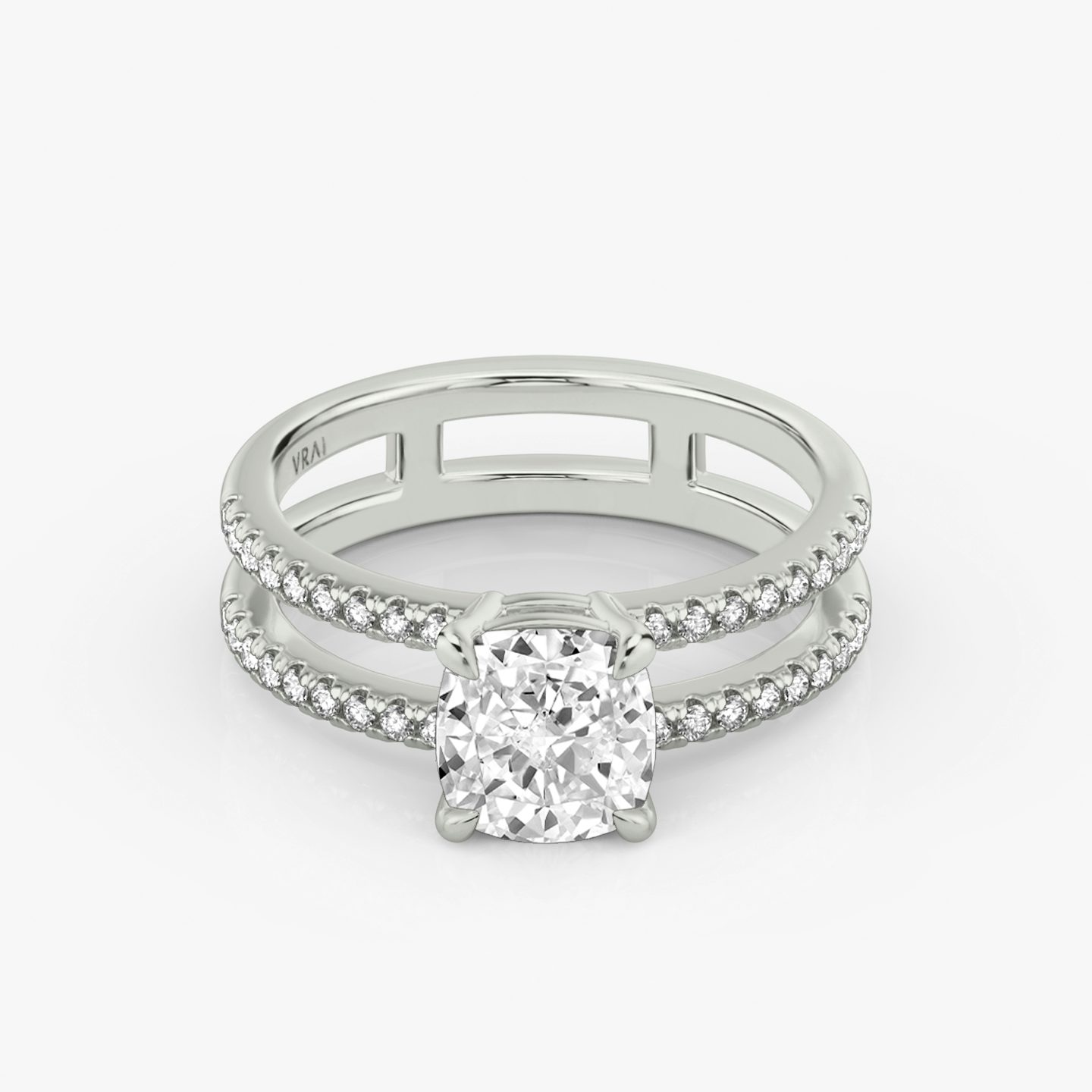 The Double Band | Cushion | Platinum | bandAccent: Pavé | bandStoneShape: Round Brilliant | diamondOrientation: vertical | caratWeight: other