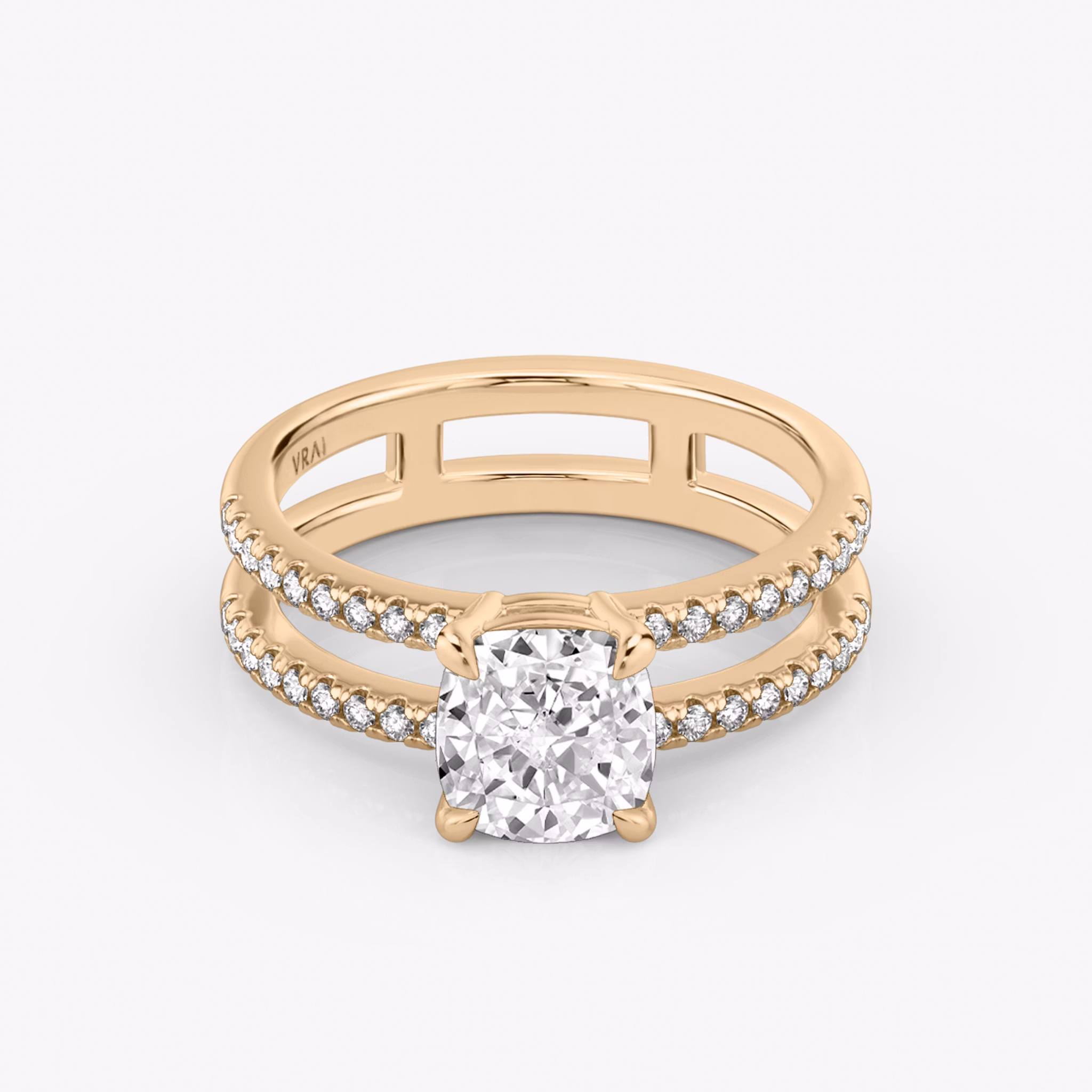 The Double Band | Cushion | 14k | Rose Gold | bandAccent: Pavé | bandStoneShape: Round Brilliant | diamondOrientation: vertical | caratWeight: other