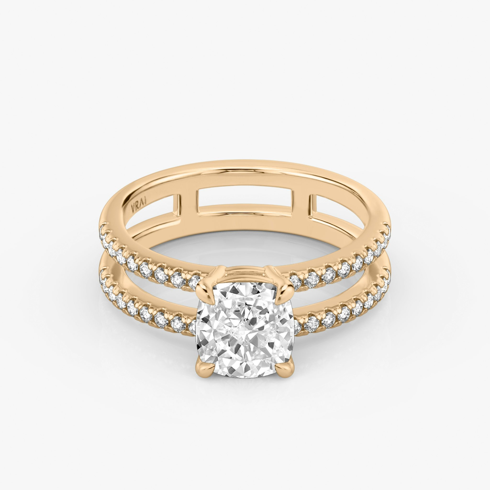 The Double Band | Cushion | 14k | Rose Gold | bandAccent: Pavé | bandStoneShape: Round Brilliant | diamondOrientation: vertical | caratWeight: other