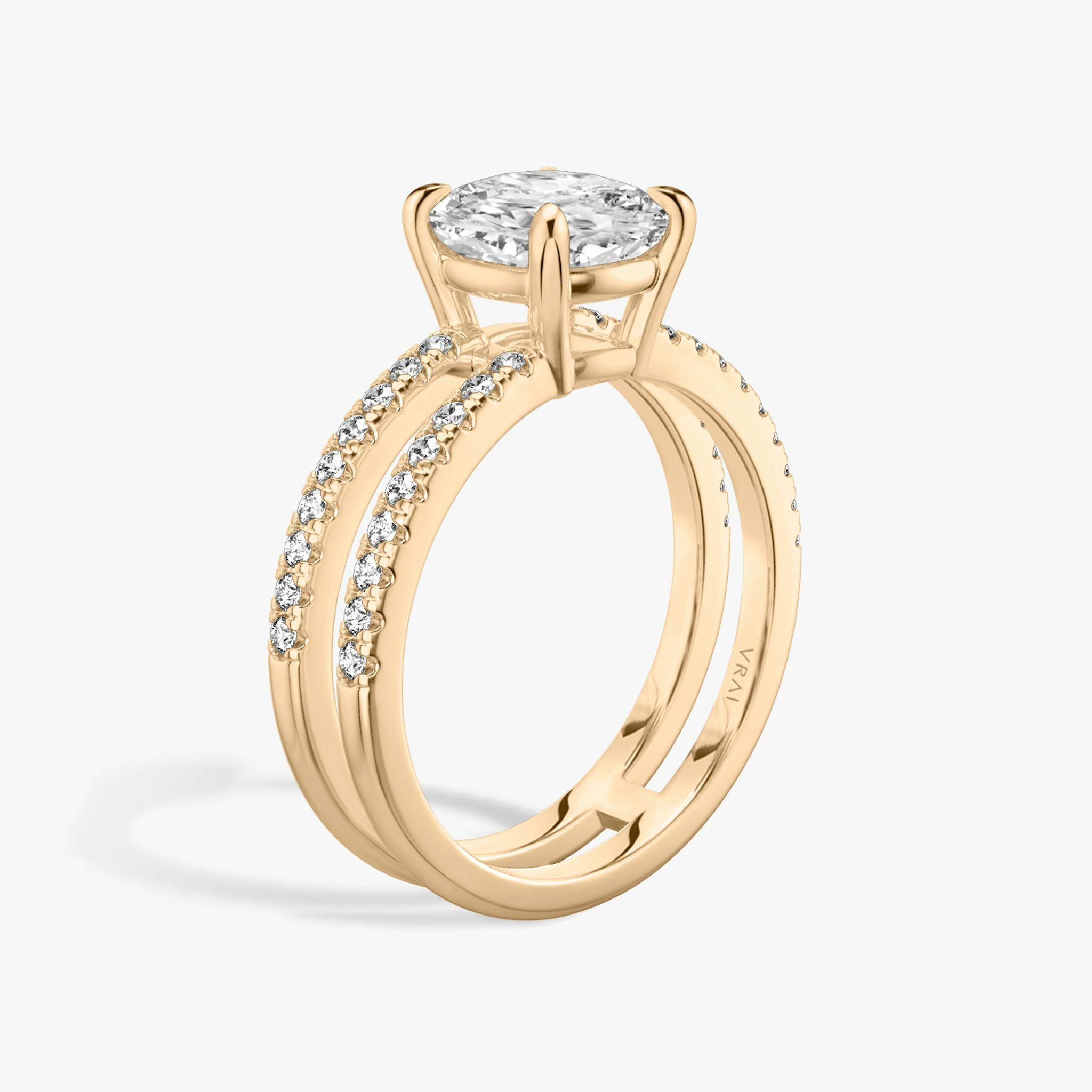 The Double Band | Cushion | 14k | Rose Gold | bandAccent: Pavé | bandStoneShape: Round Brilliant | diamondOrientation: vertical | caratWeight: other