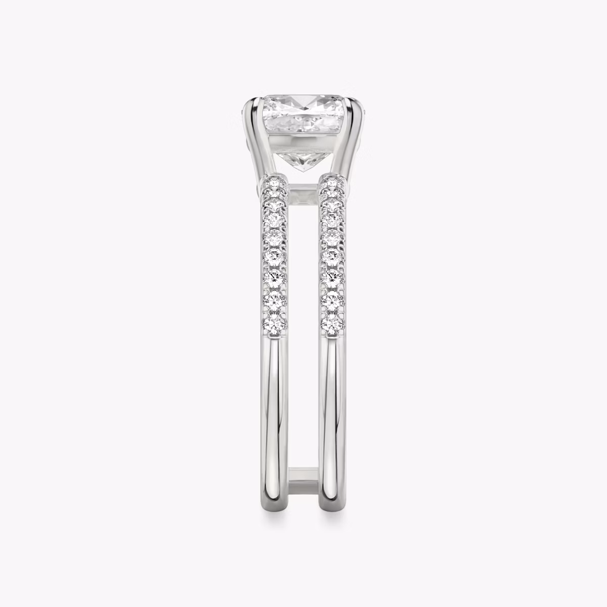 The Double Band | Cushion | Platinum | bandAccent: Pavé | bandStoneShape: Round Brilliant | diamondOrientation: vertical | caratWeight: other