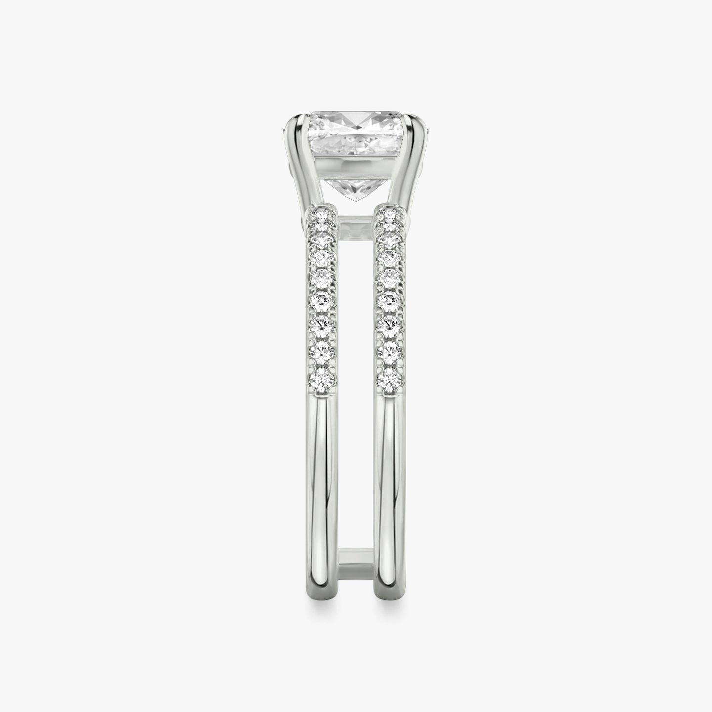 The Double Band | Cushion | Platinum | bandAccent: Pavé | bandStoneShape: Round Brilliant | diamondOrientation: vertical | caratWeight: other
