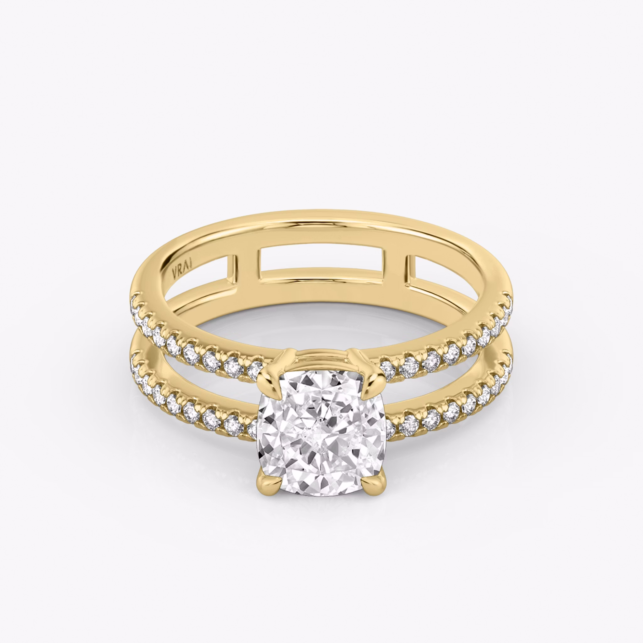 The Double Band | Cushion | 18k | Yellow Gold | bandAccent: Pavé | bandStoneShape: Round Brilliant | diamondOrientation: vertical | caratWeight: other