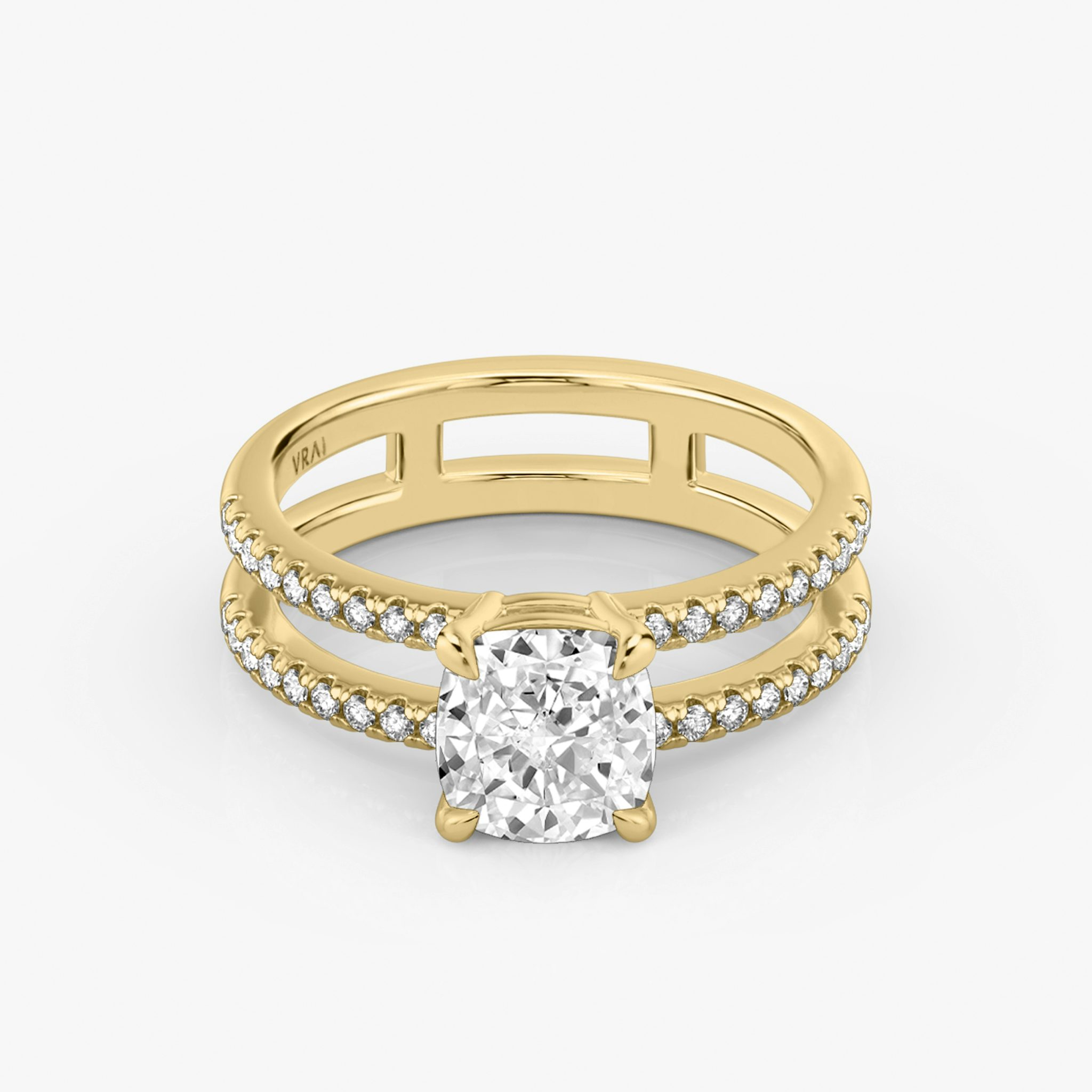 The Double Band | Cushion | 18k | Yellow Gold | bandAccent: Pavé | bandStoneShape: Round Brilliant | diamondOrientation: vertical | caratWeight: other
