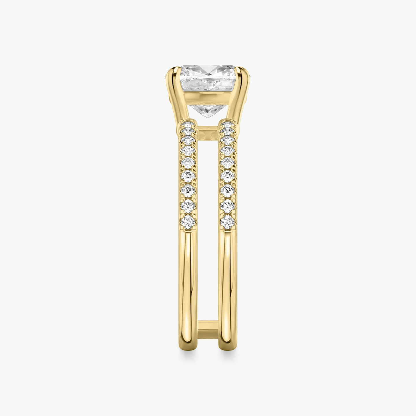 The Double Band | Cushion | 18k | Yellow Gold | bandAccent: Pavé | bandStoneShape: Round Brilliant | diamondOrientation: vertical | caratWeight: other