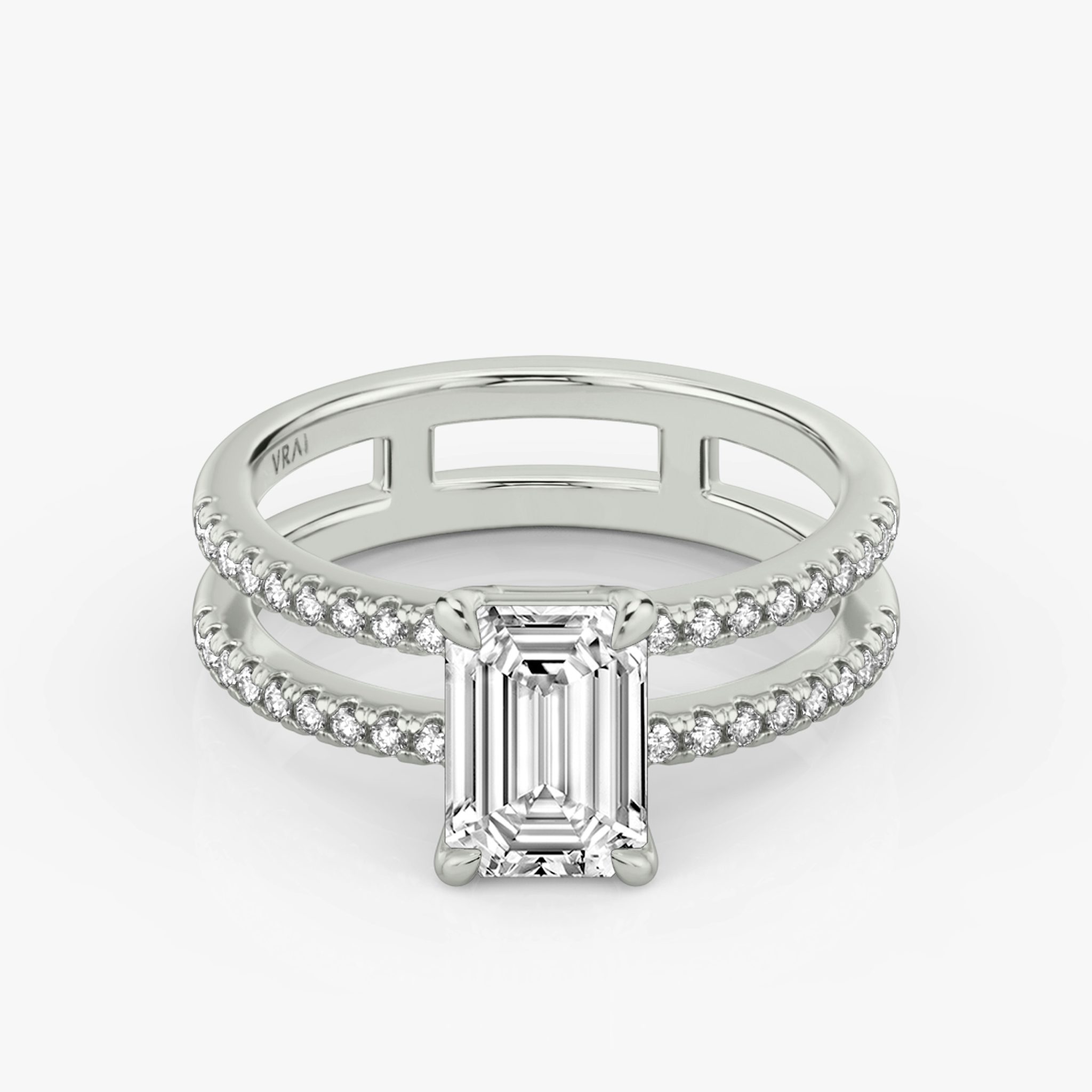 The Double Band | Emerald | 18k | White Gold | bandAccent: Pavé | bandStoneShape: Round Brilliant | diamondOrientation: vertical | caratWeight: other