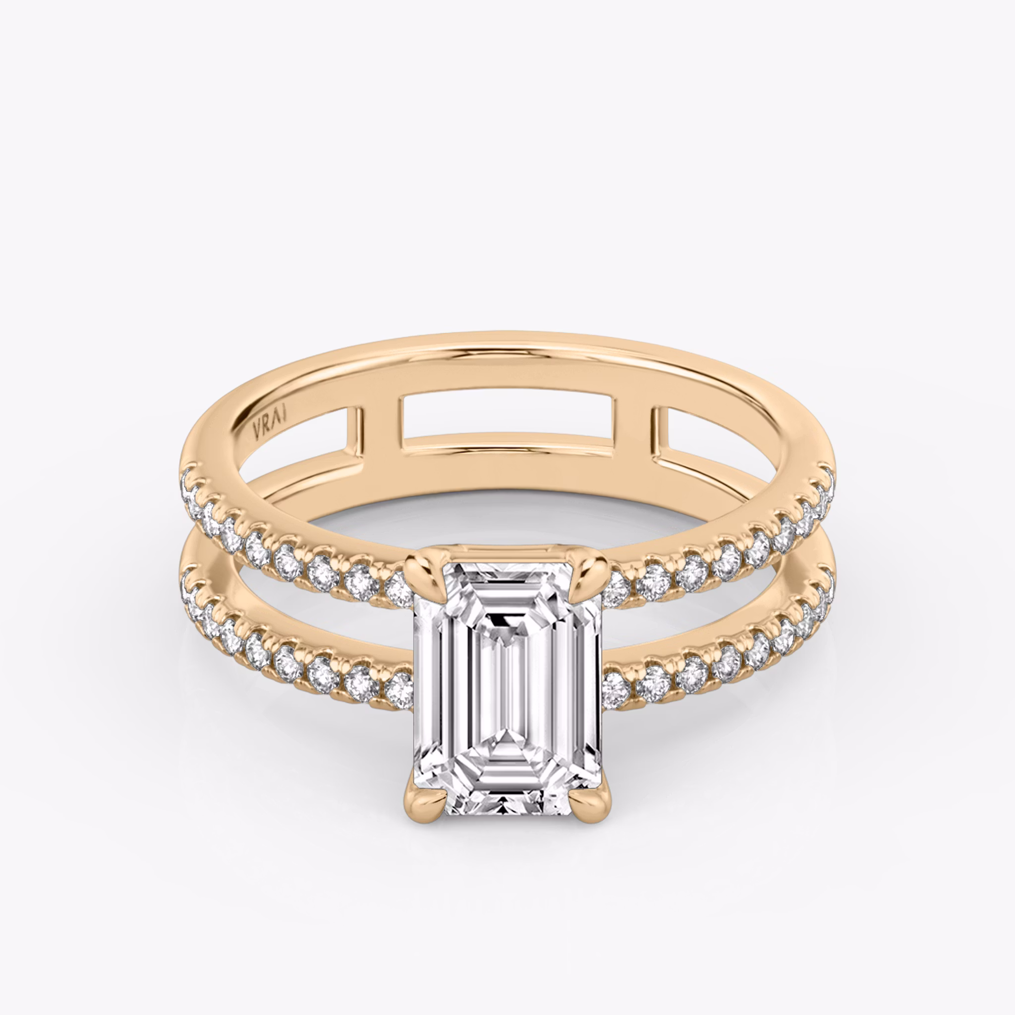 The Double Band | Emerald | 14k | Rose Gold | bandAccent: Pavé | bandStoneShape: Round Brilliant | diamondOrientation: vertical | caratWeight: other