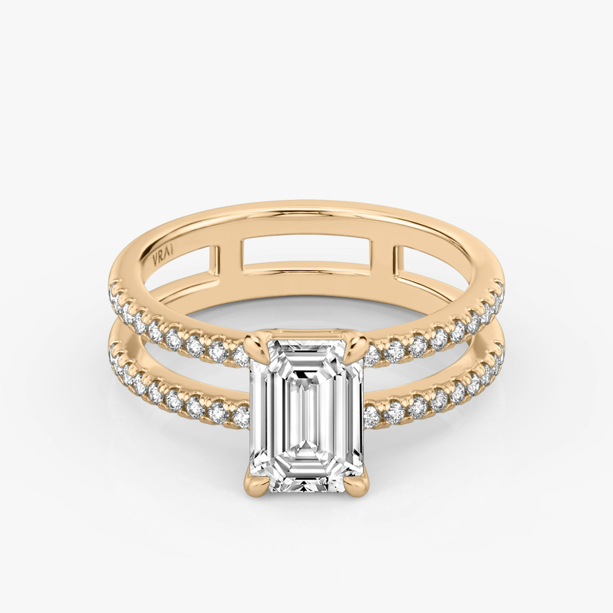 The Double Band | Emerald | 14k | Rose Gold | bandAccent: Pavé | bandStoneShape: Round Brilliant | diamondOrientation: vertical | caratWeight: other
